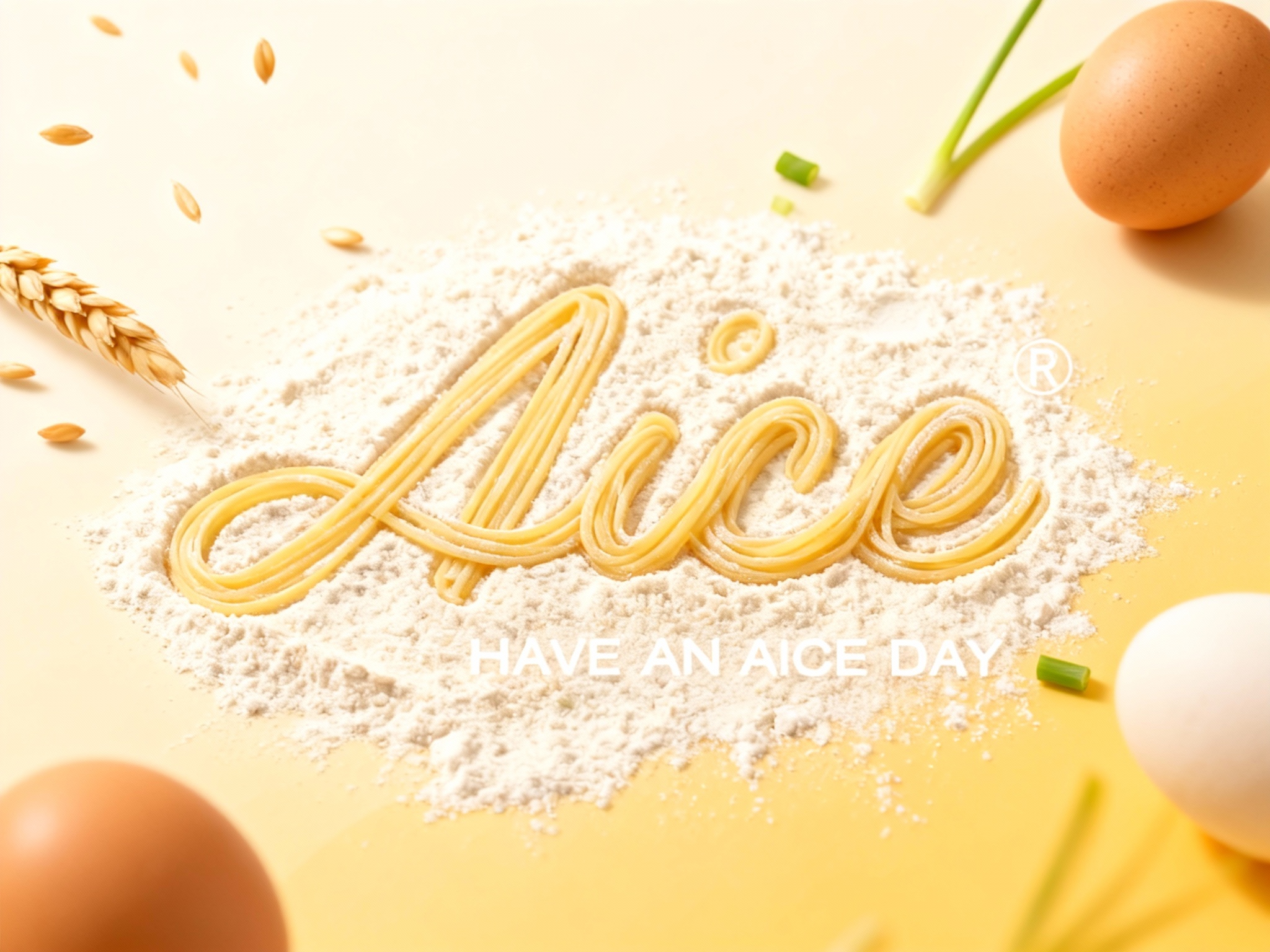 艺术创意品牌展示图。画面中心是（智能提取参考图中的LOGO主体并去除原背景），由无数根纤细的面条线条缠绕构成，或者呈现为撒落的面粉形成的图案。周围环绕着漂浮的麦粒、鸡蛋和葱花。背景是米色到暖黄色的柔和渐变。微距镜头，极具创意与视觉张力.