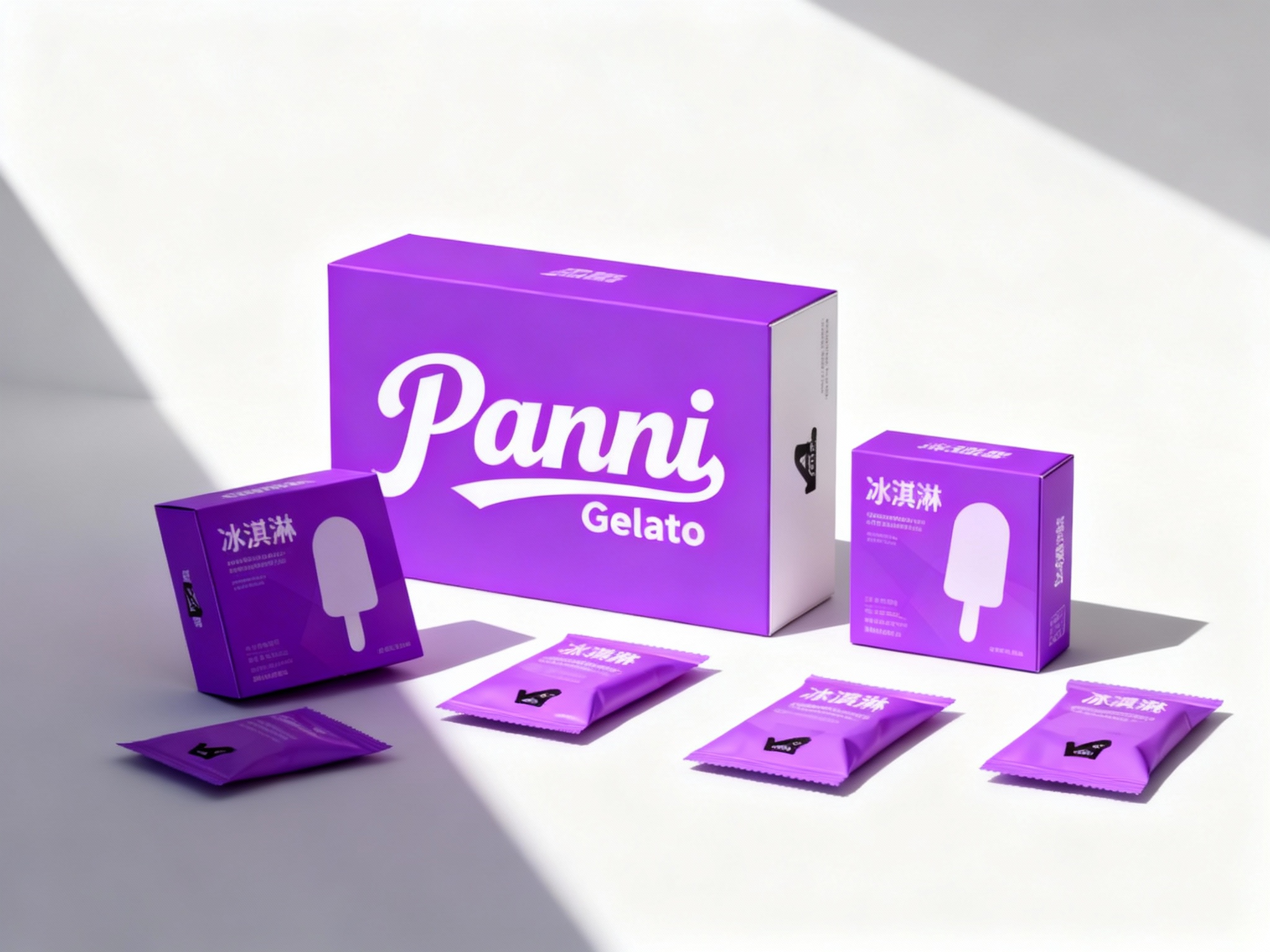 现代简约风格冰淇淋产品包装展示，（将参考图中的LOGO保持一致不要出现变形）白色背景搭配提供的用主色 #紫色 几何色块。画面主体为多个品牌色包装盒，包括大盒（印有白色品牌名称和冰淇淋剪影）、小盒，均印有 “冰淇淋” 字样和黑色品牌标识。包装盒下方散落着同色系的小包装袋。整体构图采用高低错落的排列方式，光线从左上角斜射，形成清晰的阴影，突出包装盒的立体感和色彩对比，展现产品系列的多样性与品牌视觉统一性。