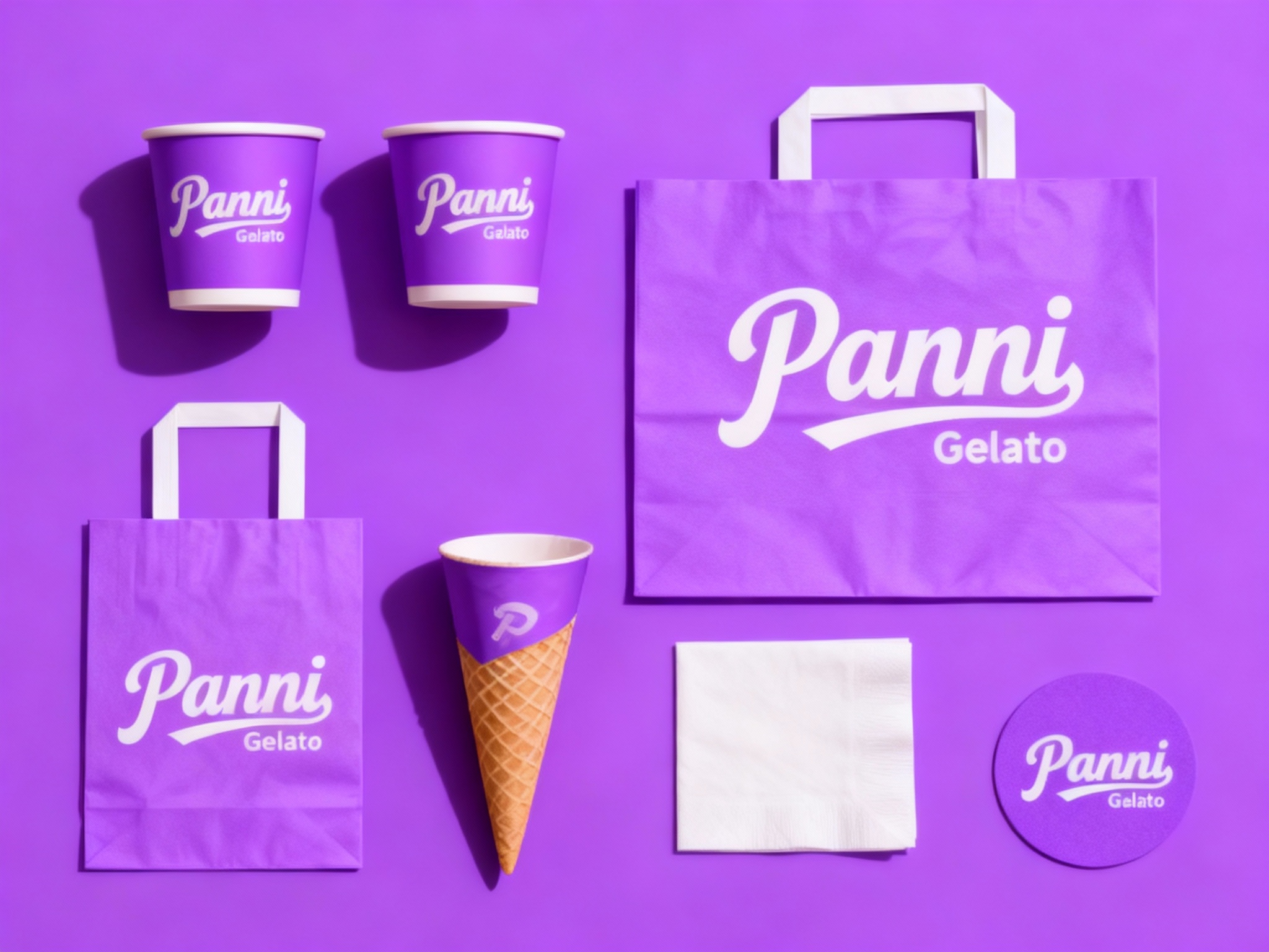 设计冰淇淋产品平铺拍摄图，包含纸杯、手提袋、打包袋、冰淇淋纸筒、餐巾纸、杯垫等，（将参考图中的LOGO和主色调）在各产品上清晰展示，色彩统一，光影柔和，呈现高级整洁感，背景为纯紫色，产品排列整齐，LOGO位于每个产品的显眼位置。