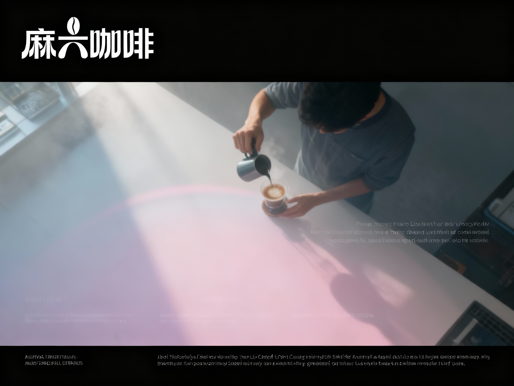 设计品牌宣传海报，画面干净，（将参考图中的LOGO ）位于左上角或右上角（根据实际情况设置），大师作品，电影海报，超高质量，超精细，高级英文排版，摄影，丁达尔光效，朦胧，俯视，远景，极简，简单，极简风格，大面积留白，James Turrell，背景是咖啡师冲泡咖啡的景象，压迫感，超现实主义+极简主义 + 简单色块+ 马卡龙配色+ 摄影艺术 + 细节丰富+ 封面美学 +黑色背景+电影级照明，4k高清，排版简洁有视觉冲击力，符合社交平台分享特性。