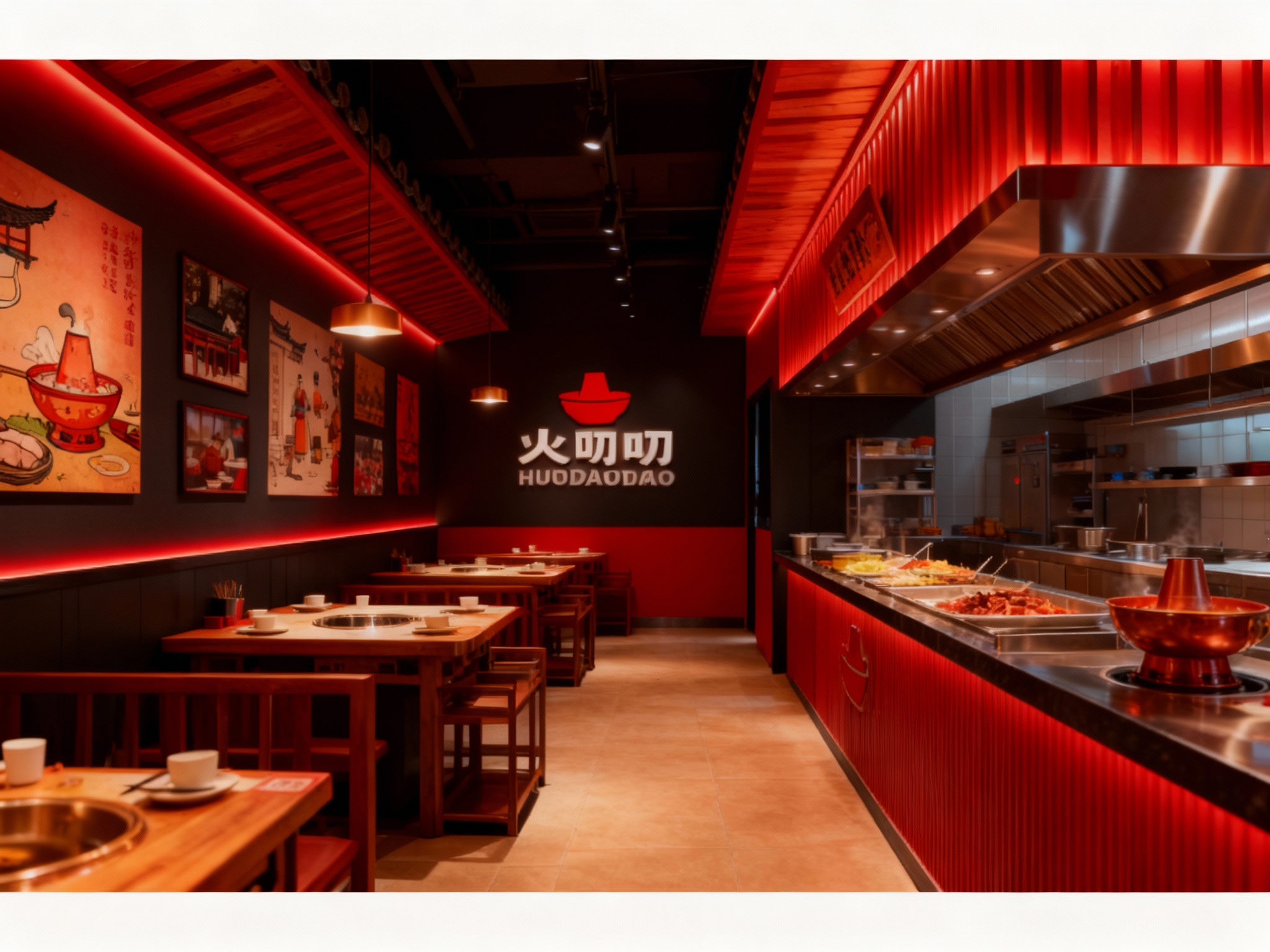 设计店内空间效果图，展示用餐区、火锅烹饪区、墙面装饰传统与现代结合的插画或摄影，运用原木搭配暖色调灯光及金属材质（将参考图中的LOGO）融入场景装修或物件中，光线明亮温暖，突出空间舒适感与融合质感。