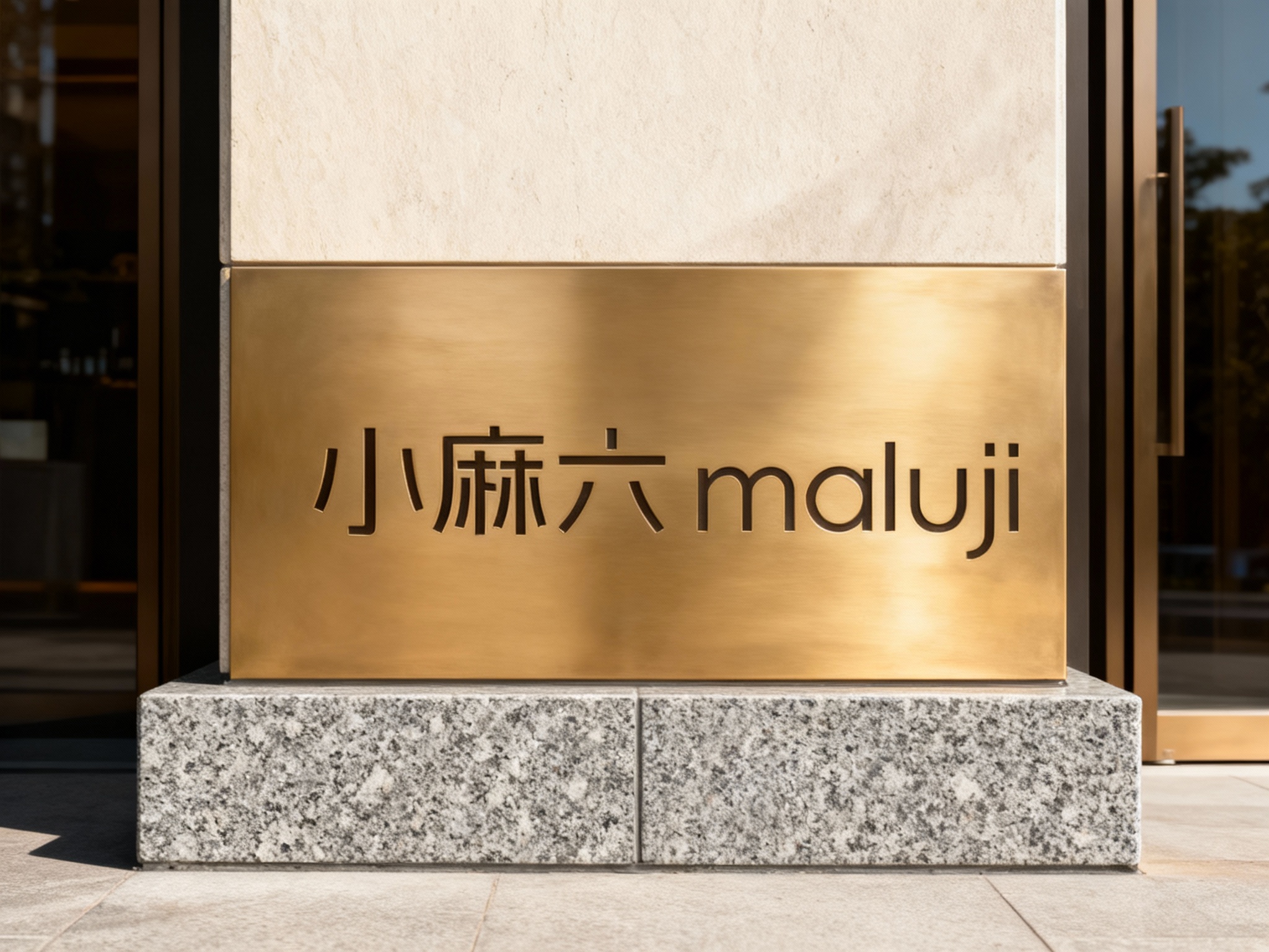 石材与金属结合门头特写，底部为灰色花岗岩无缝拼接基座，上部为哑光黄铜材质整板切割装饰面，底板无接缝痕迹，LOGO以蚀刻填漆工艺呈现于黄铜板中央，白天光线照射，石材稳重与金属光泽互补，高端感十足