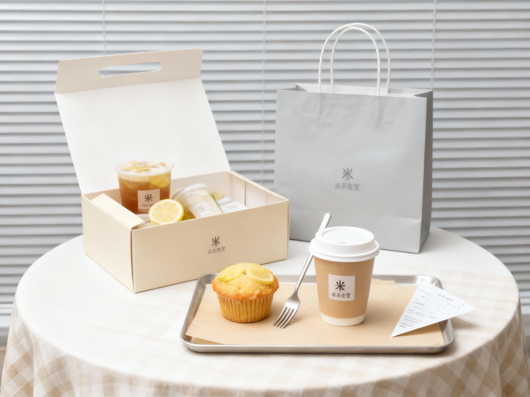 商业美食摄影，极简现代风格，柔和光线，白色圆形桌面铺米色格子桌布，背景浅灰色百叶窗，米色手提盒半开露出奶茶周边，浅灰色手提袋摆在盒旁，前方托盘内，米色垫纸上放着带白盖的咖啡杯、柠檬玛芬蛋糕，金属叉子斜靠杯身，收据票折成三角放盘角。手提盒和咖啡杯上贴有品牌logo，画面清新高级