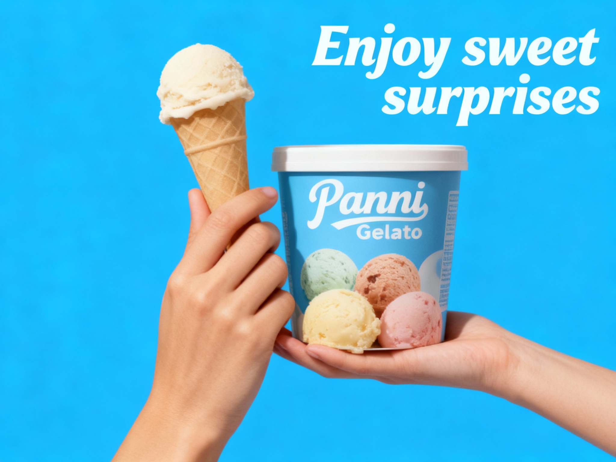 冰淇淋门店促销海报，以提供的主色 {主色} 为背景底色，奠定温暖且具质感的视觉基调。画面核心视觉为一只肤色自然的手，拿着一盒哑光质感的品牌色（将参考图中的LOGO）在冰淇淋盒上清晰可见，几颗不同色彩口味的意式冰淇淋球，手和冰淇淋筒比例协调，冰淇淋筒体简约无装饰，与背景形成鲜明色彩呼应，成为视觉焦点。海报上方，右侧用轻盈的英文书写 “Enjoy sweet surprises” ，营造轻松邀请氛围 。文字排版规整，信息清晰易读，整体风格简约直接，精准传递冰淇淋门店温馨、美味且注重品质的品牌形象 。