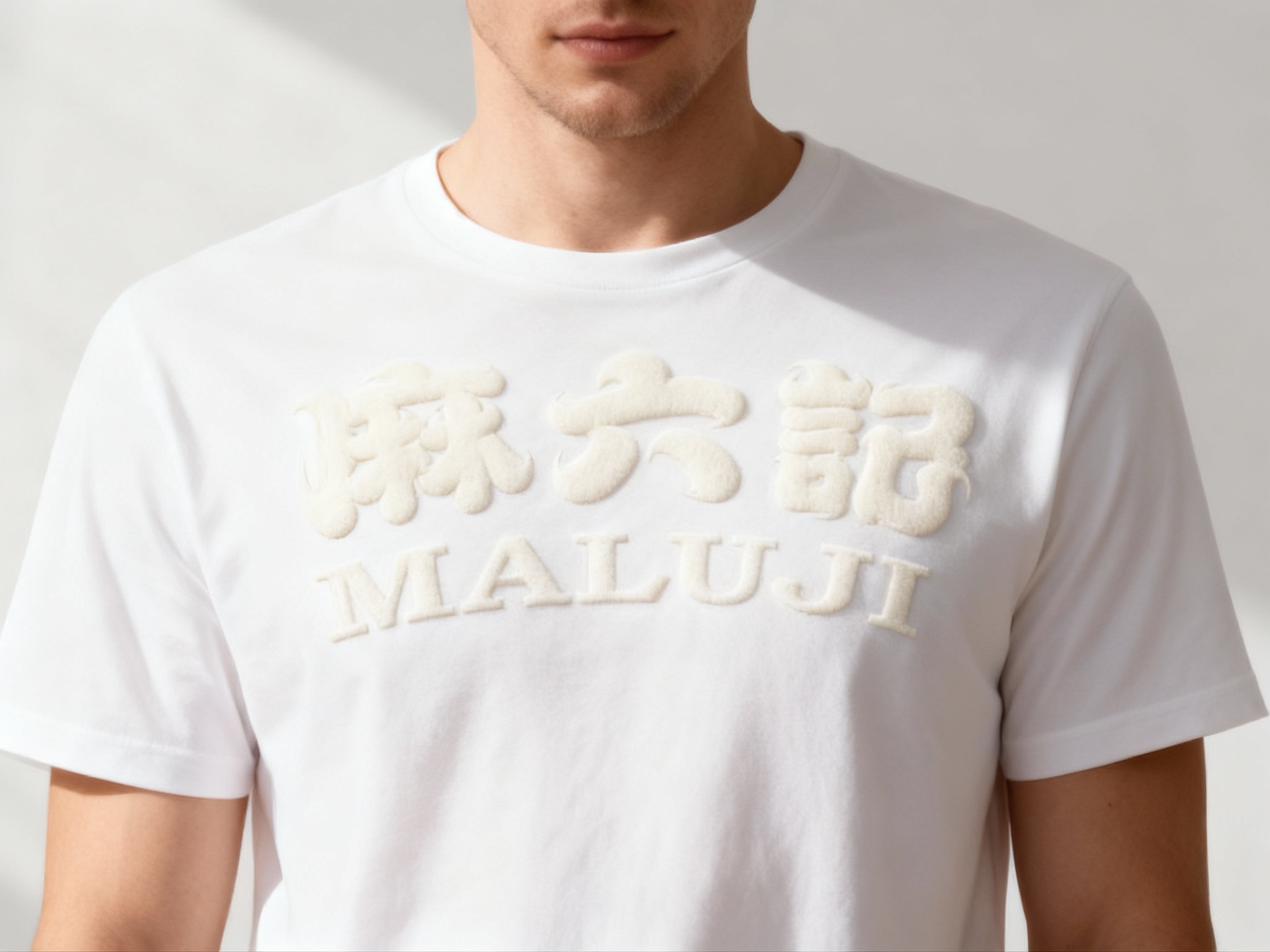 提取参考图的LOGO单独呈现，改为奶白色，25岁欧洲男性模特，身着纯白极简T恤，奶白色LOGO以激光蚀刻工艺呈现，无明显凸起，质感细腻，近距离特写拍摄，聚焦胸口LOGO区域，光线从斜上方射入，凸显LOGO边缘的精致感与T恤的细腻面料，背景虚化，突出产品细节