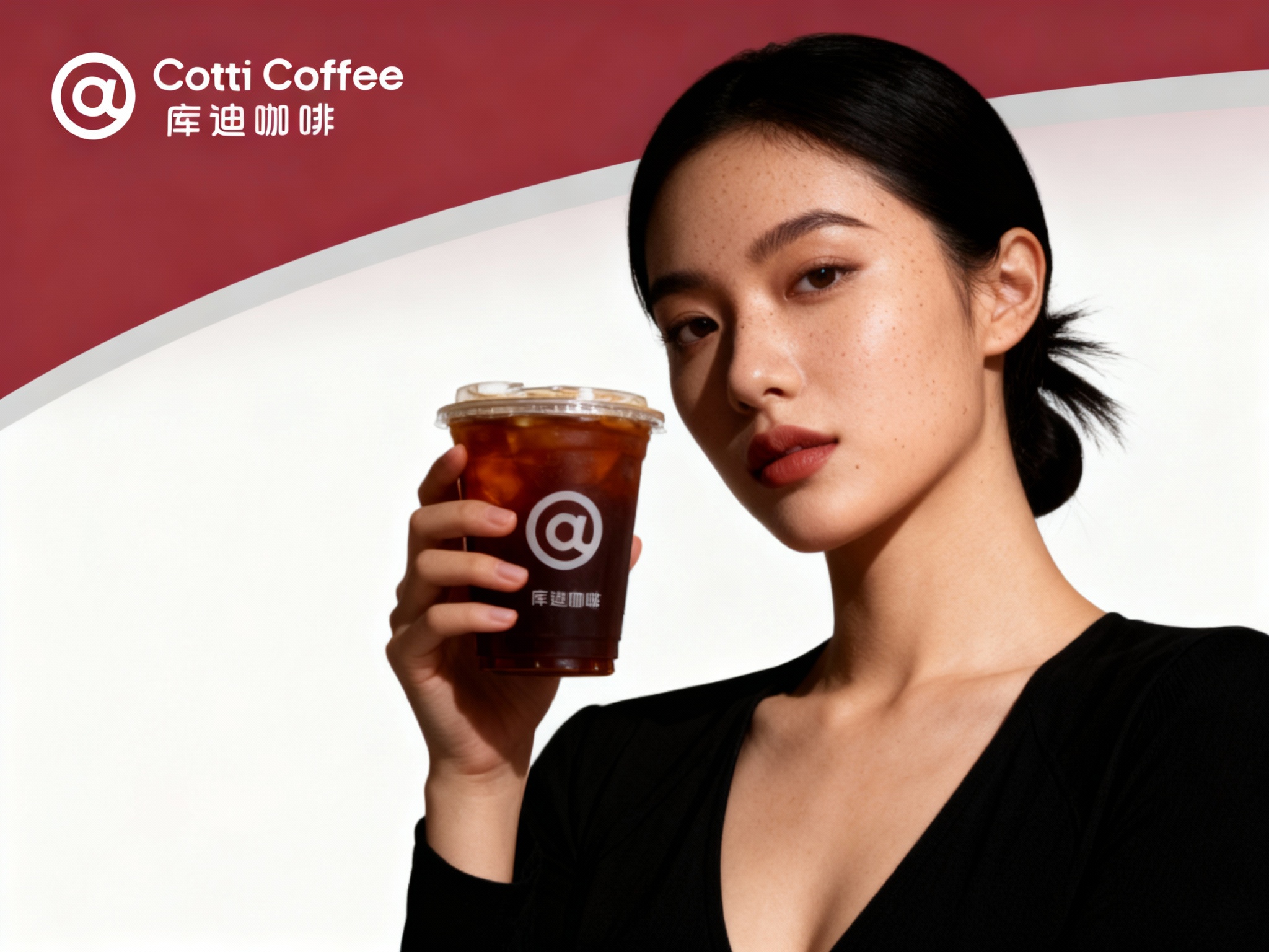 设计品牌海报，时尚剪影摄影风格,时尚大片,一个女生模特,穿着时尚黑色服装手拿带有（将参考图中的LOGO）的冰美式咖啡，（将参考图中的LOGO）位于左上角或右上角（根据实际情况设置），清晰的毛孔,肌肤真实细节,产品剪影,品牌色向白色渐变背景,特写镜头,平视视角,高清分辨率,高细节,整体色调以库迪红和白色为主，辅以少量浅灰色点缀。