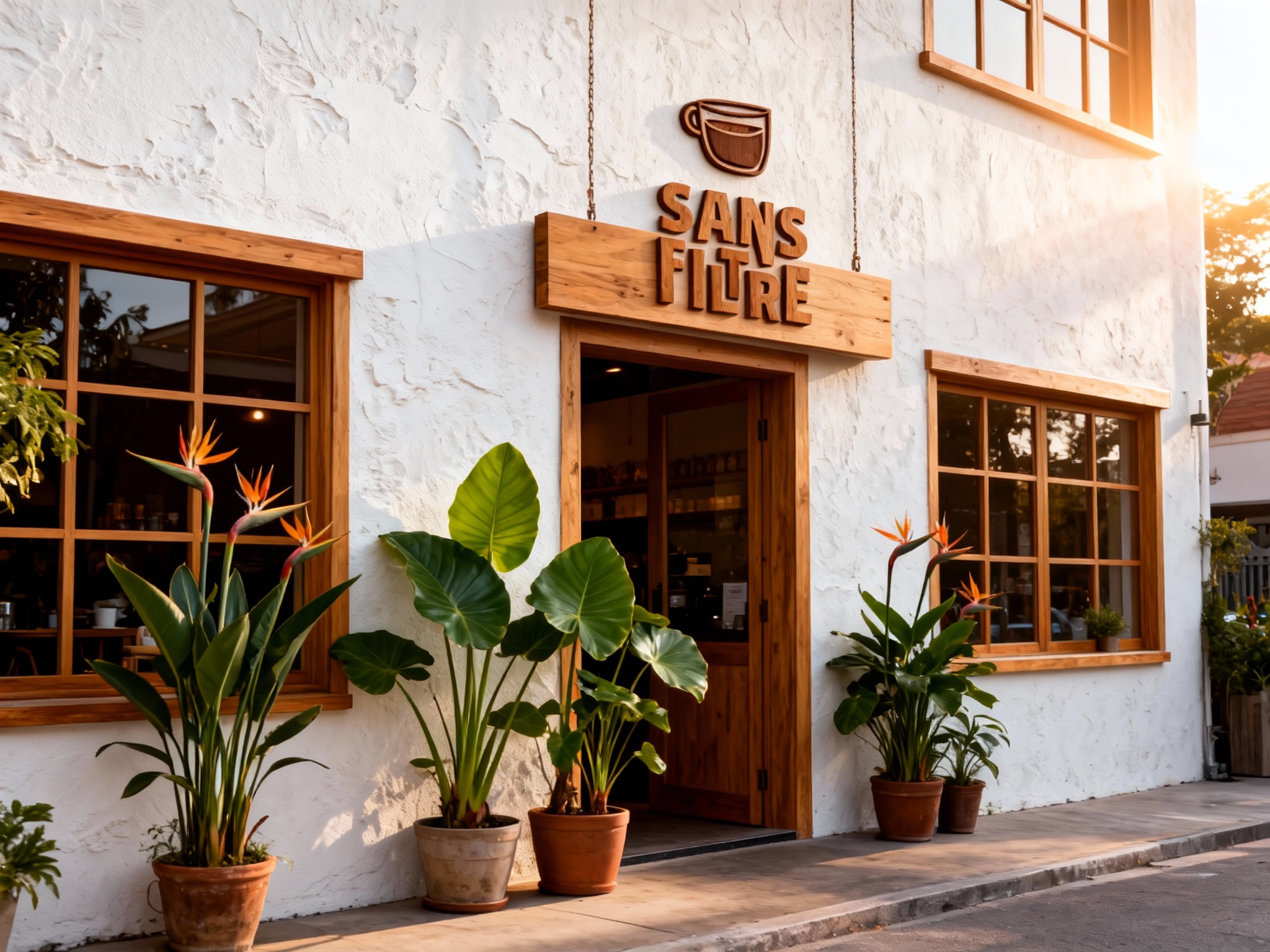 设计高级INS风格咖啡店门面效果图。墙面采用大面积乳白色肌理漆，搭配原木色的木质窗框和门框。门口两侧摆放高低错落的热带盆栽（天堂鸟、海芋），形成自然的绿色入口。（智能提取参考图中的LOGO主体并去除原背景）设计为原木立体字或激光雕刻在木质招牌上，与木材纹理完美融合，悬挂于门头。光线为清晨侧逆光，通透温暖，画面比例16:9，8K渲染。