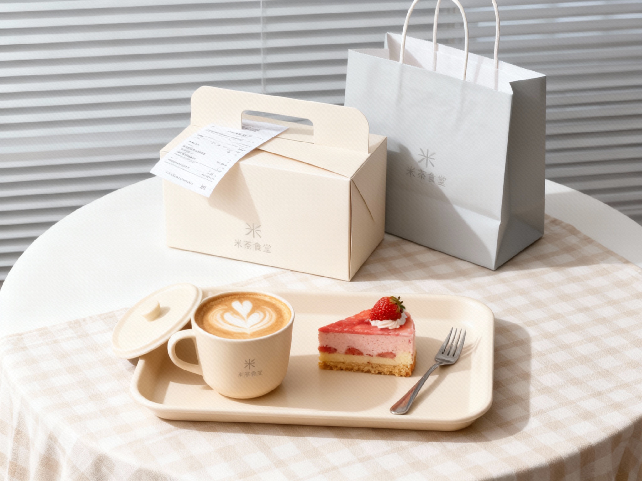 商业美食摄影，极简现代风格，柔和光线，白色圆形桌面铺米色格子桌布，背景浅灰色百叶窗，米色托盘占据画面下方，内摆米色咖啡杯（开盖露奶泡拉花）、草莓慕斯蛋糕，金属叉子放在蛋糕旁，上方米色手提盒与浅灰色手提袋错落摆放，收据票轻搭手提盒。咖啡杯和手提盒上有品牌logo，光影柔和