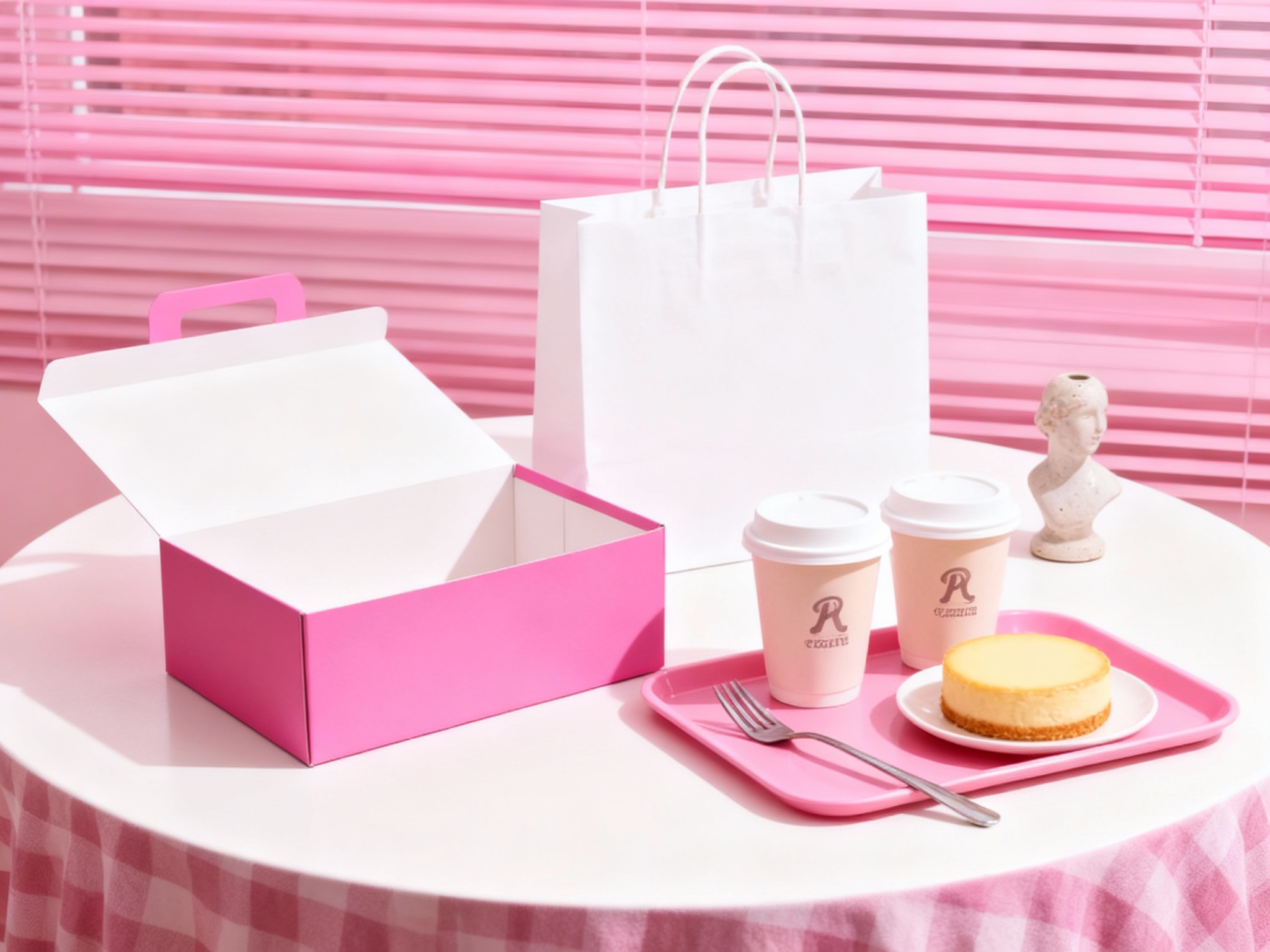 商业美食摄影，极简现代风格，明亮光线，白色圆形桌面铺粉色格子桌布，背景粉色百叶窗，粉色手提盒全开置于左侧，右侧粉色托盘上，带白盖的咖啡杯与圆形芝士蛋糕并排，金属叉子横放盘边，白色手提袋立在盒后，旁边放置一座小型陶瓷雕塑。手提盒和咖啡杯上有品牌logo，构图对称均衡