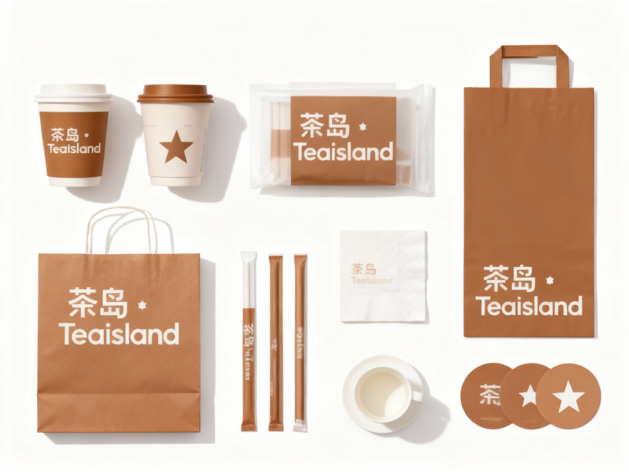 设计奶茶产品平铺拍摄图，包含纸杯、手提袋、打包袋、吸管包装、餐巾纸、杯垫等，（将参考图中的LOGO）在各产品上清晰展示，色彩统一，光影柔和，呈现高级整洁感。