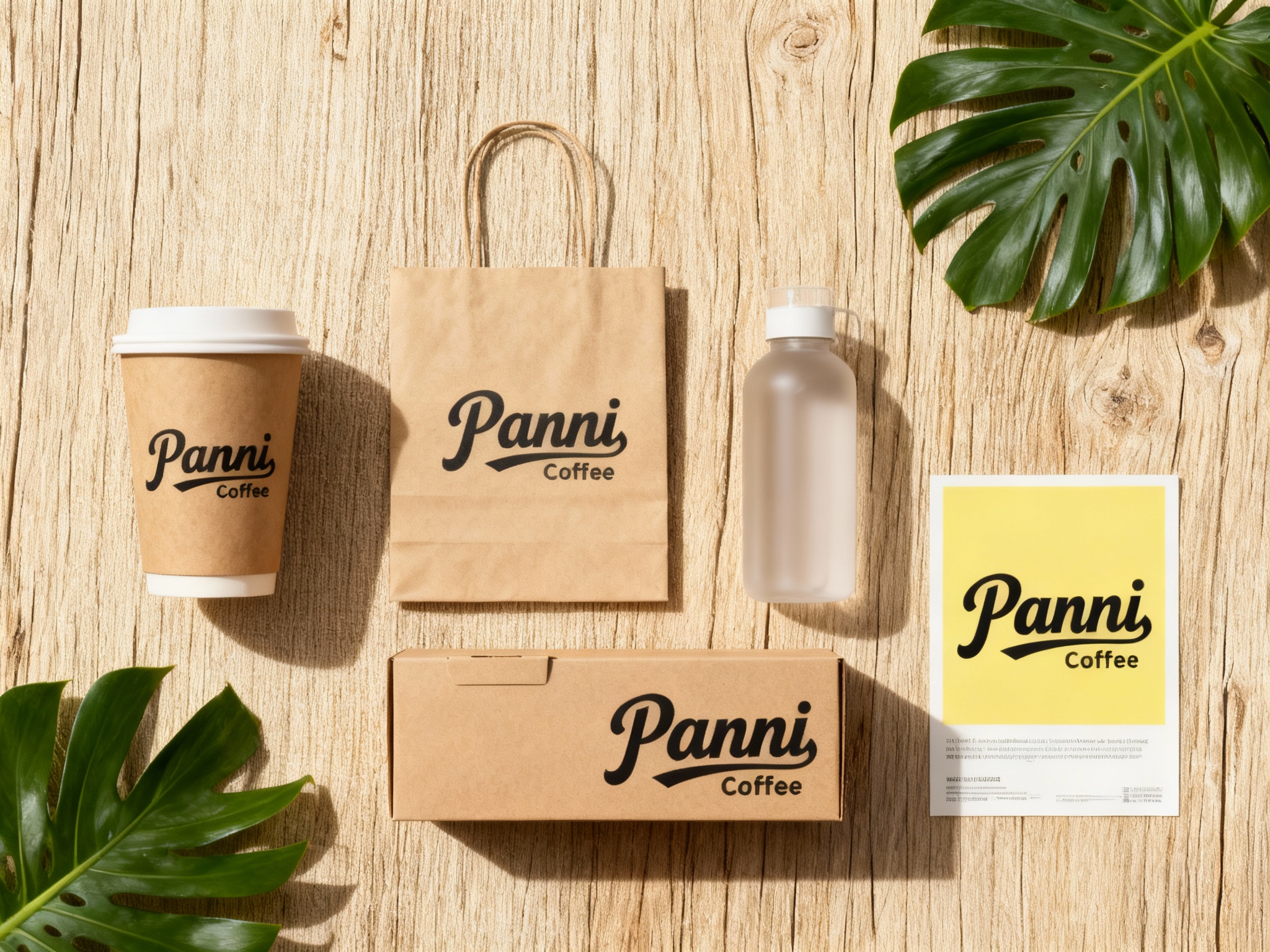 咖啡产品展示图，品牌VI展示，包括纸质杯、外带袋、水杯、纸盒、印刷海报等。背景采用自然纹理（如亚麻或木纹），画面中点缀新鲜的热带植物叶片作为装饰，Panni Coffee LOGO保持一致不要出现变形，在相应载体上合理呈现，光影柔和自然，极简排版，突出自然环保与高级质感。