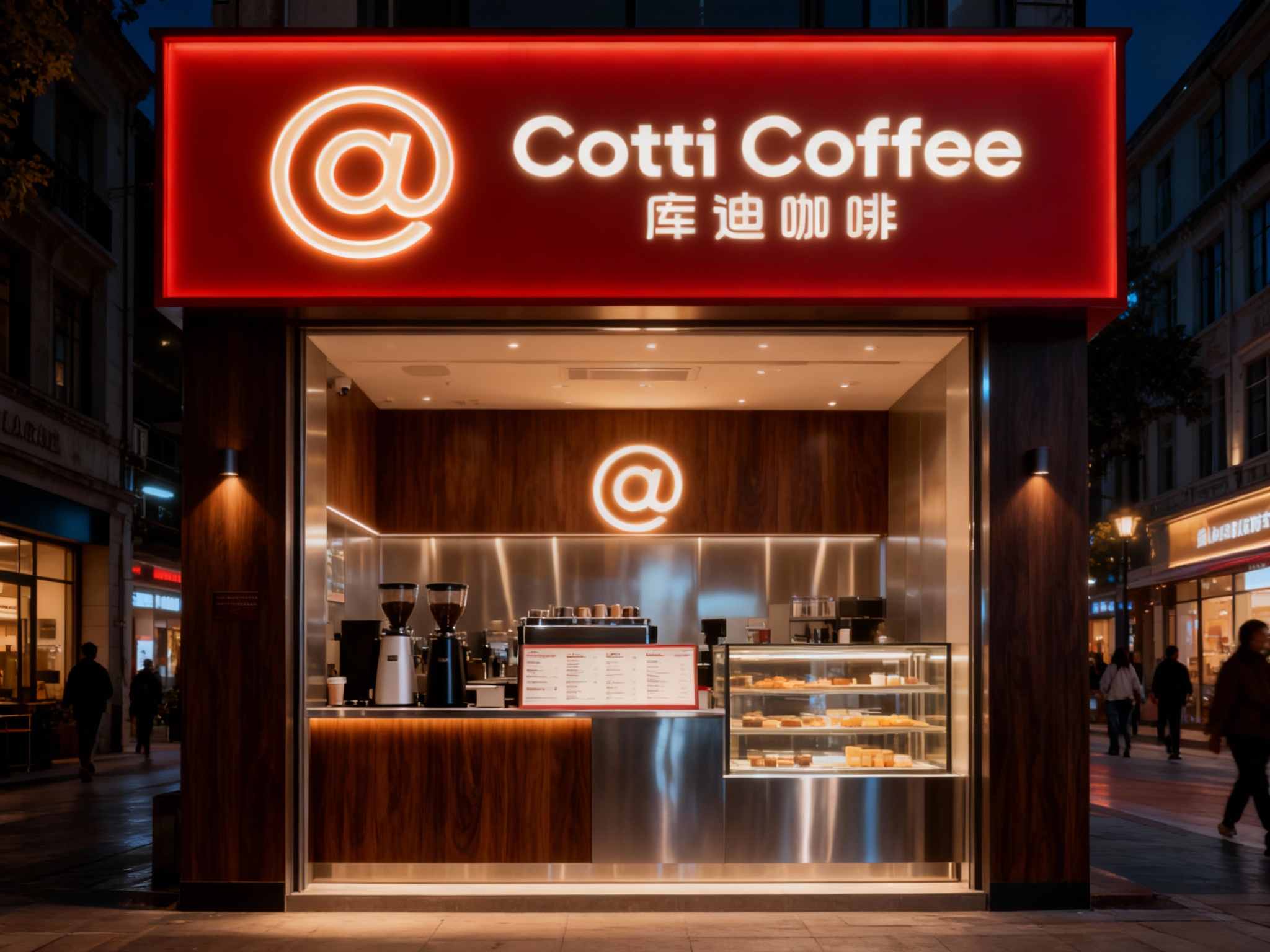 设计夜景门头及灯箱效果图，（将参考图中的LOGO）光亮温暖，咖啡店的内部场景，上方有发光的（将参考图中的LOGO）标识，下方是咖啡制作区域和展示柜，柜台上有菜单，整体装修风格运用黑胡桃木搭配银色不锈钢材质现代，灯光温暖 ，街区环境和路人自然呈现，夜景效果突出品牌的高端与时尚感。