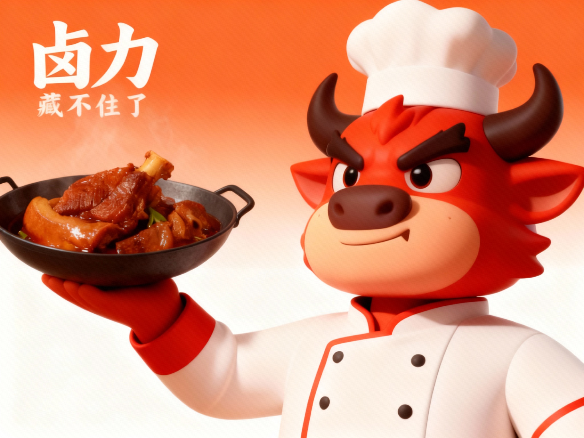 设计品牌海报，时尚剪影摄影风格,时尚大片,一个女生模特,穿着时尚红色服装手拿带有（将参考图中的LOGO）的卤菜，（将参考图中的LOGO）位于左上角或右上角（根据实际情况设置），清晰的毛孔,肌肤真实细节,产品剪影,品牌色向白色渐变背景,特写镜头,平视视角,高清分辨率,高细节