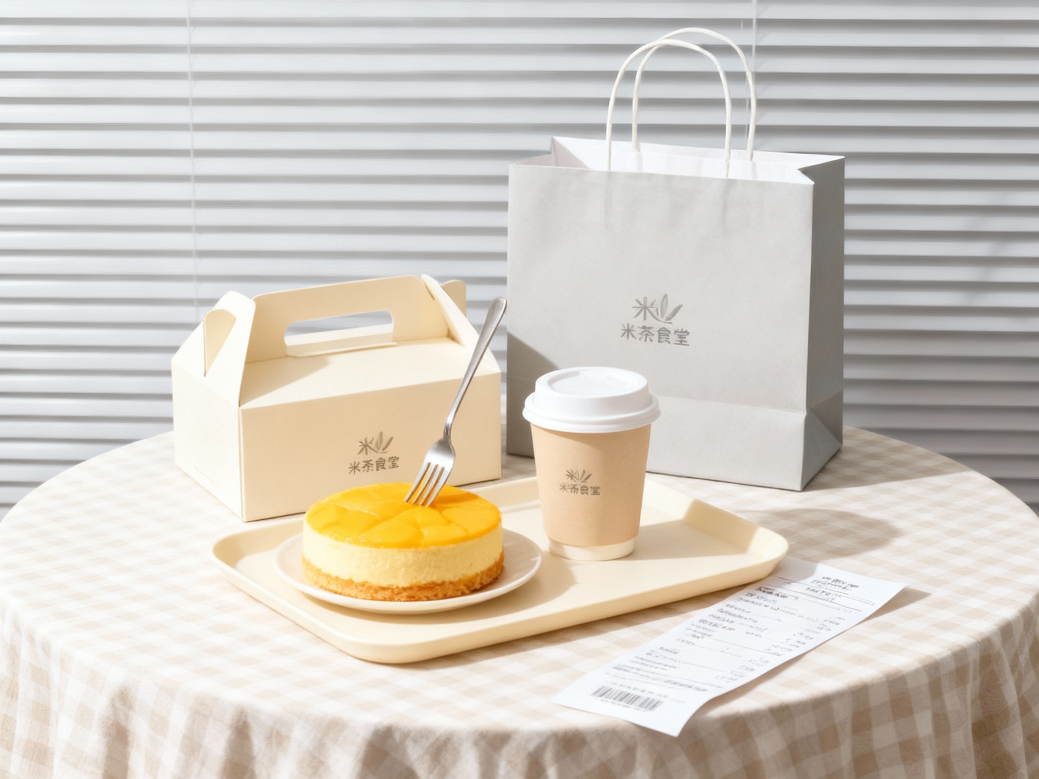 商业美食摄影，极简现代风格，柔和光线，白色圆形桌面铺米色格子桌布，背景浅灰色百叶窗，米色手提盒与浅灰色手提袋并排摆放（盒合袋敞），前方米色托盘上，米色咖啡杯（带白盖）斜靠蛋糕，金属叉子插在圆形芒果蛋糕上，收据票平铺托盘一角。手提盒和咖啡杯上装饰有品牌的logo，光影柔和提升高级感
