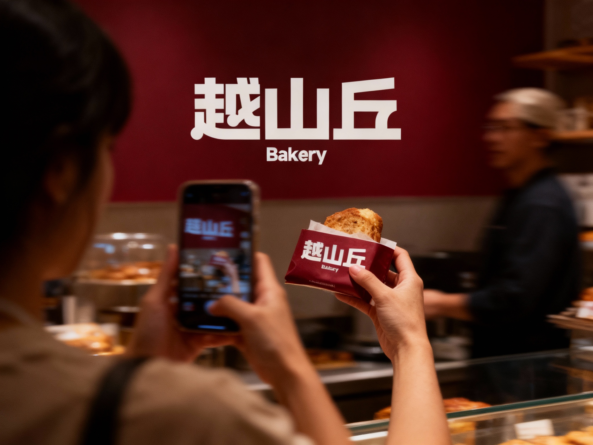 设计社交分享场景图，顾客手持带有（将参考图中的LOGO）#品牌主色包装的烘焙食品拍照，烘焙店场景中（将参考图中的LOGO）融入背景墙面#品牌主色，场景抓拍，独特的拍摄角度，非对称，动态模糊，低光环境，意境，自然色彩，丰富层次感，细腻画质，真实，光影变幻，虚化柔和过渡，胶片质感，电影质感，大师作品，光影自然，突出品牌时尚感和优雅气质。