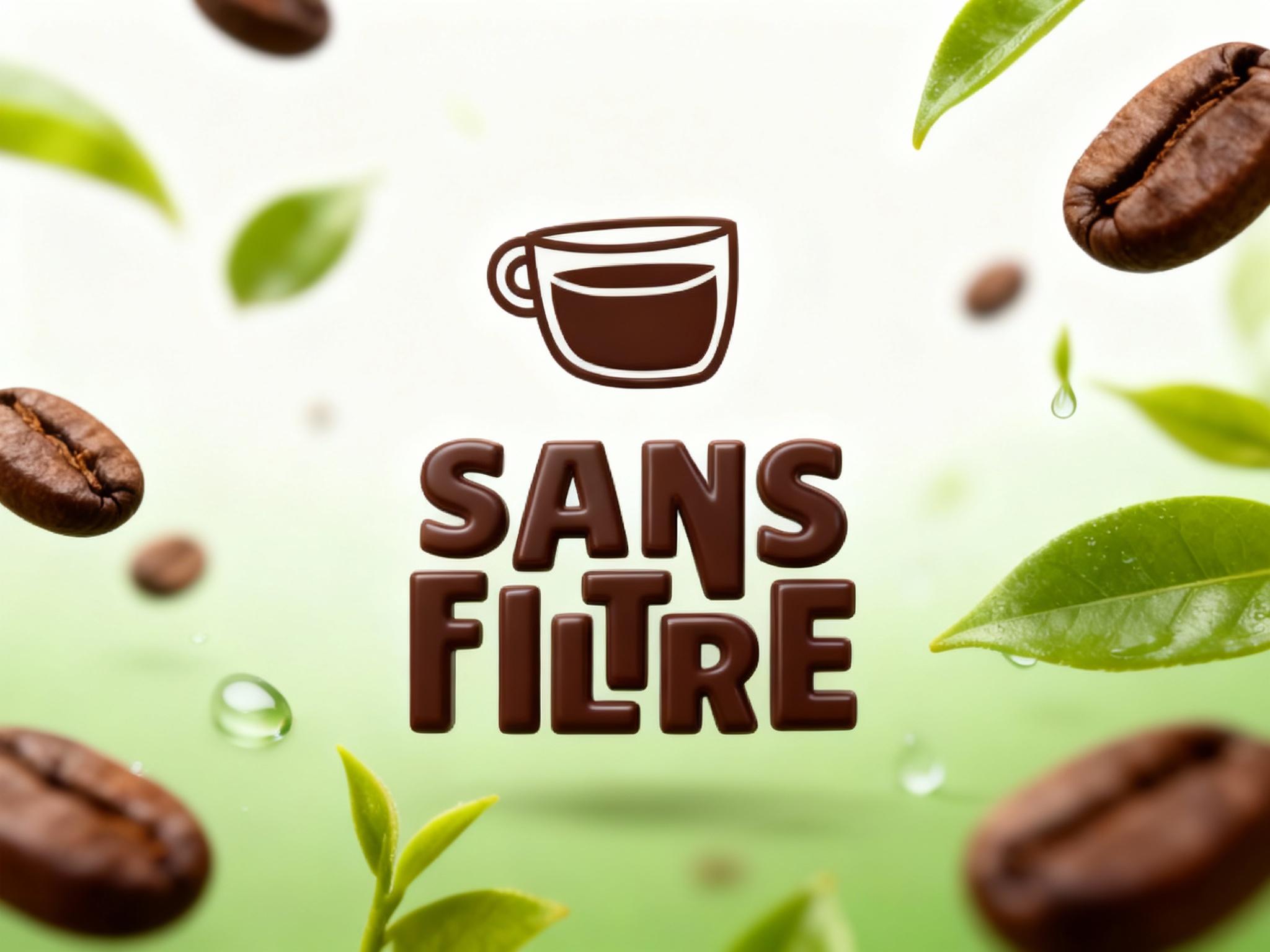 艺术创意品牌展示图。画面中心是（智能提取参考图中的LOGO主体并去除原背景），呈现立体悬浮效果，周围环绕着漂浮的咖啡豆、水滴和翠绿的嫩叶。背景是极简的米白色到浅绿色的渐变。微距镜头，景深极浅，捕捉细节纹理，展现咖啡与自然的完美融合，画面轻盈灵动。