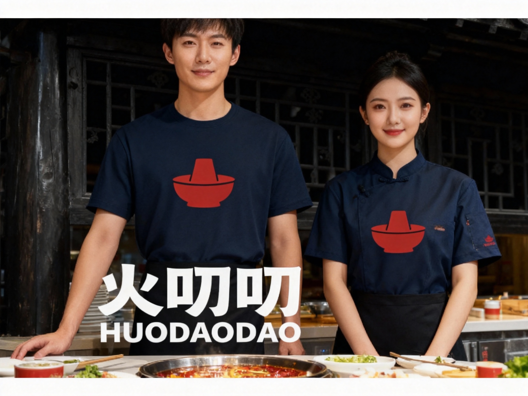 生成员工形象展示图，员工穿着纯色工作服，（将参考图中的LOGO）在工作服上清晰可见，员工站在店内或火锅烹饪区（空间保持品牌一致性），姿态自然，光线明亮。