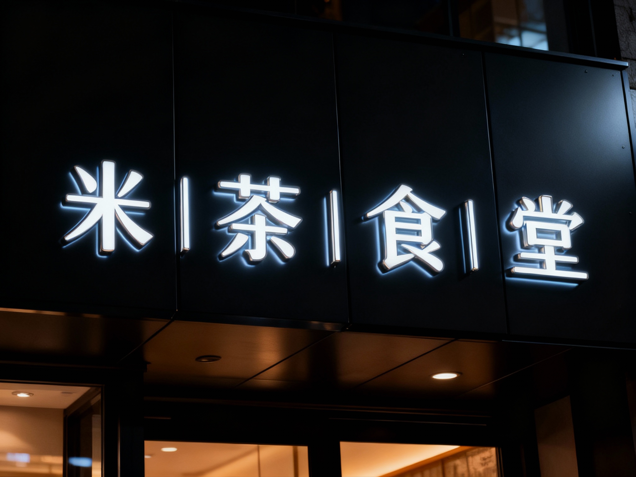 金属发光字门头特写，LOGO采用全金属包边LED发光字，安装于哑光黑铝扣板无缝拼接门头上，底板平整无拼接缝隙，黑夜场景，LED灯光柔和均匀，LOGO发光清晰不刺眼，门头整体简洁大气，辨识度高