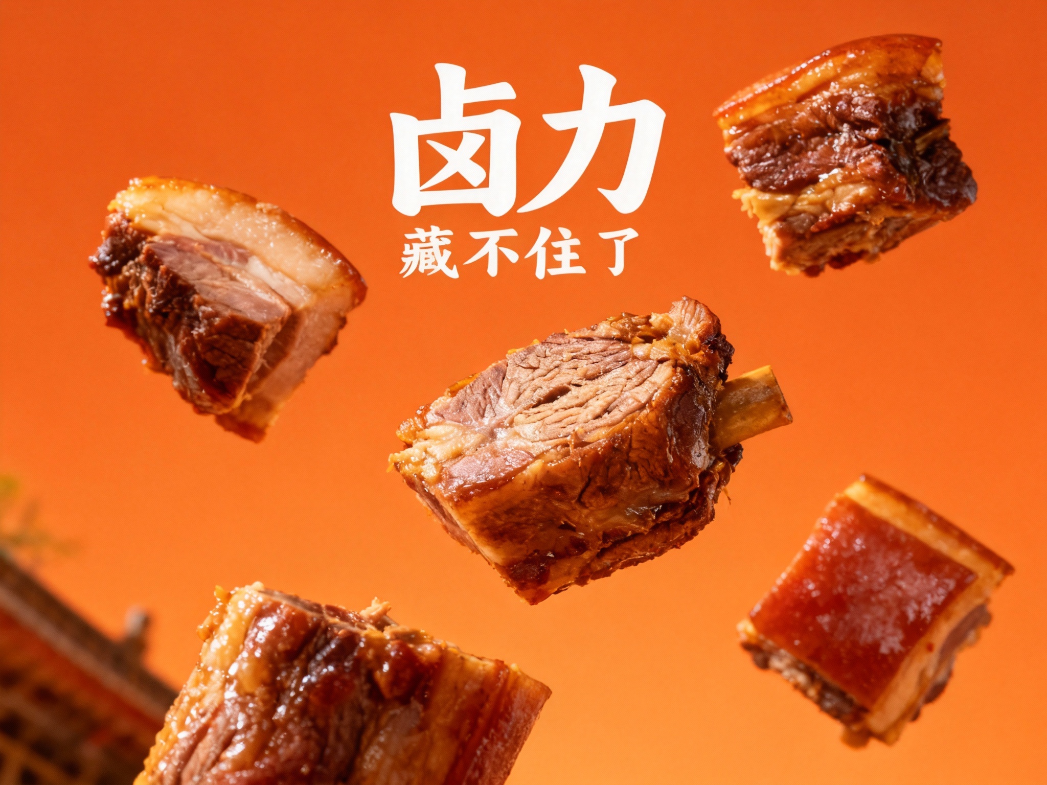 东方美学写实封面大片，几块非常精致的卤肉漂在空中品牌色背景。整个画面呈现仰拍的摄影视角，将卤肉形状和（将参考图中的LOGO）完美呈现，仿佛在讲述一个关于传统与现代融合的故事。