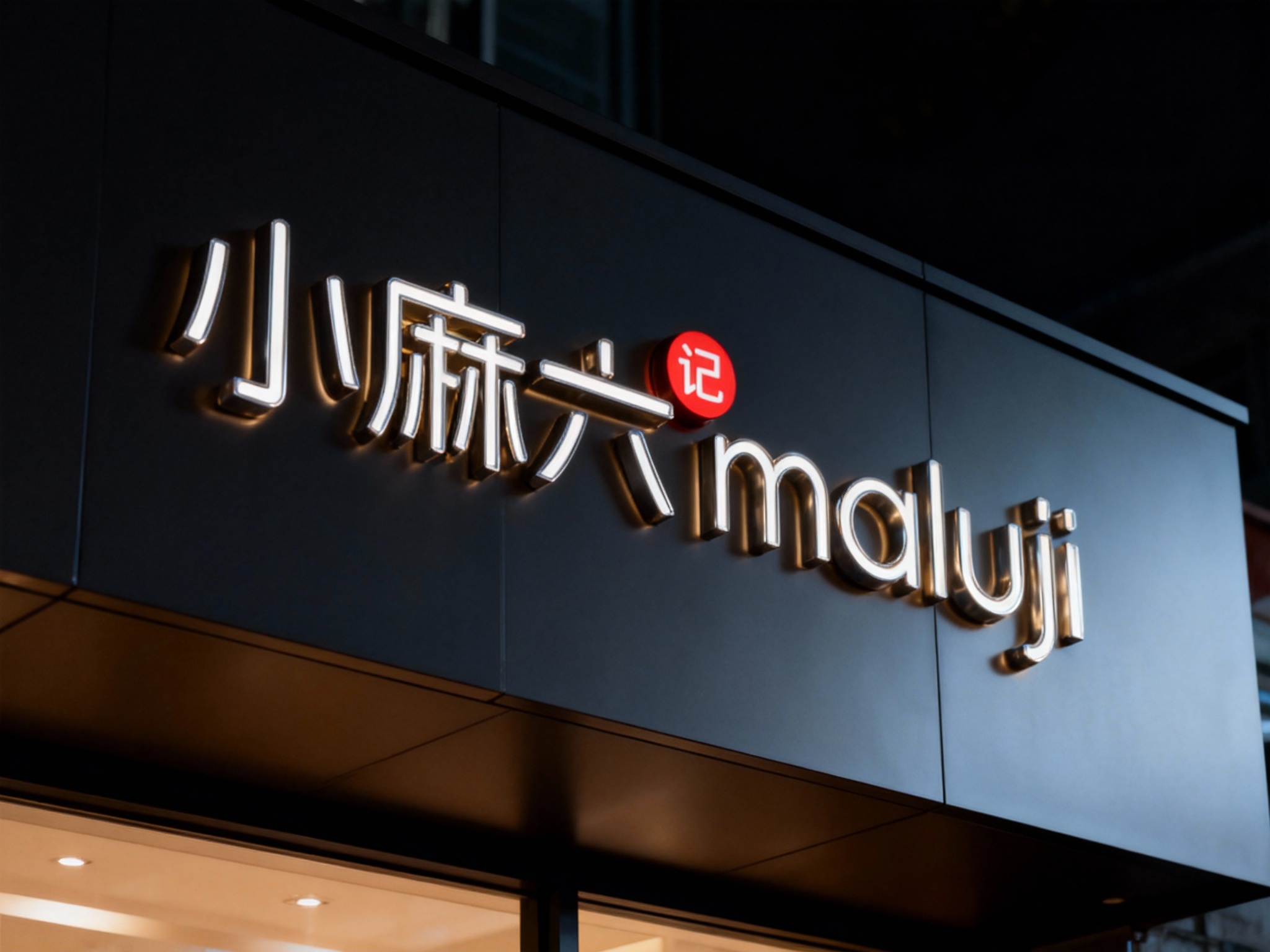 金属发光字门头特写，LOGO采用全金属包边LED发光字，安装于哑光黑铝扣板无缝拼接门头上，底板平整无拼接缝隙，黑夜场景，LED灯光柔和均匀，LOGO发光清晰不刺眼，门头整体简洁大气，辨识度高