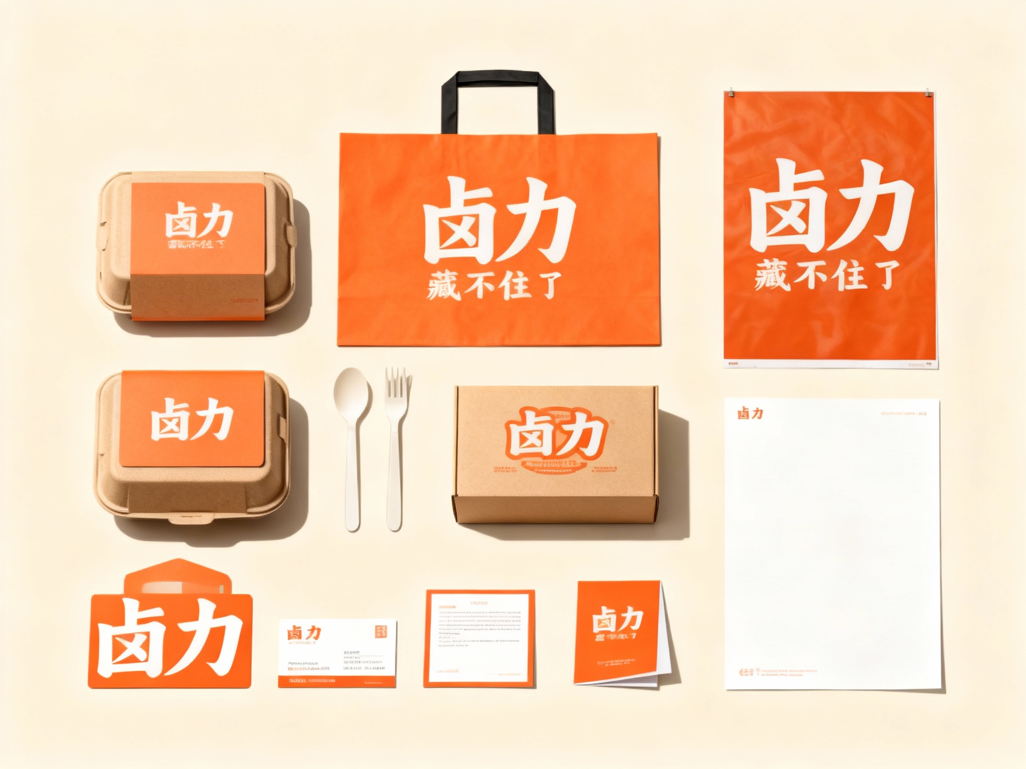 生成卤菜产品展示图，品牌VI展示，它包括纸质餐盒、外带袋、餐具、纸盒、印刷海报、名片、小册子、信纸设计、纯色、简单的背景、平面布局和简约美学、高分辨率摄影、高质量细节、高细节，顶级商业表现形式延续品牌色调，（将参考图中的LOGO 保持一致不要出现变形）在相应载体上合理呈现，突出卤菜质感与品牌形象。