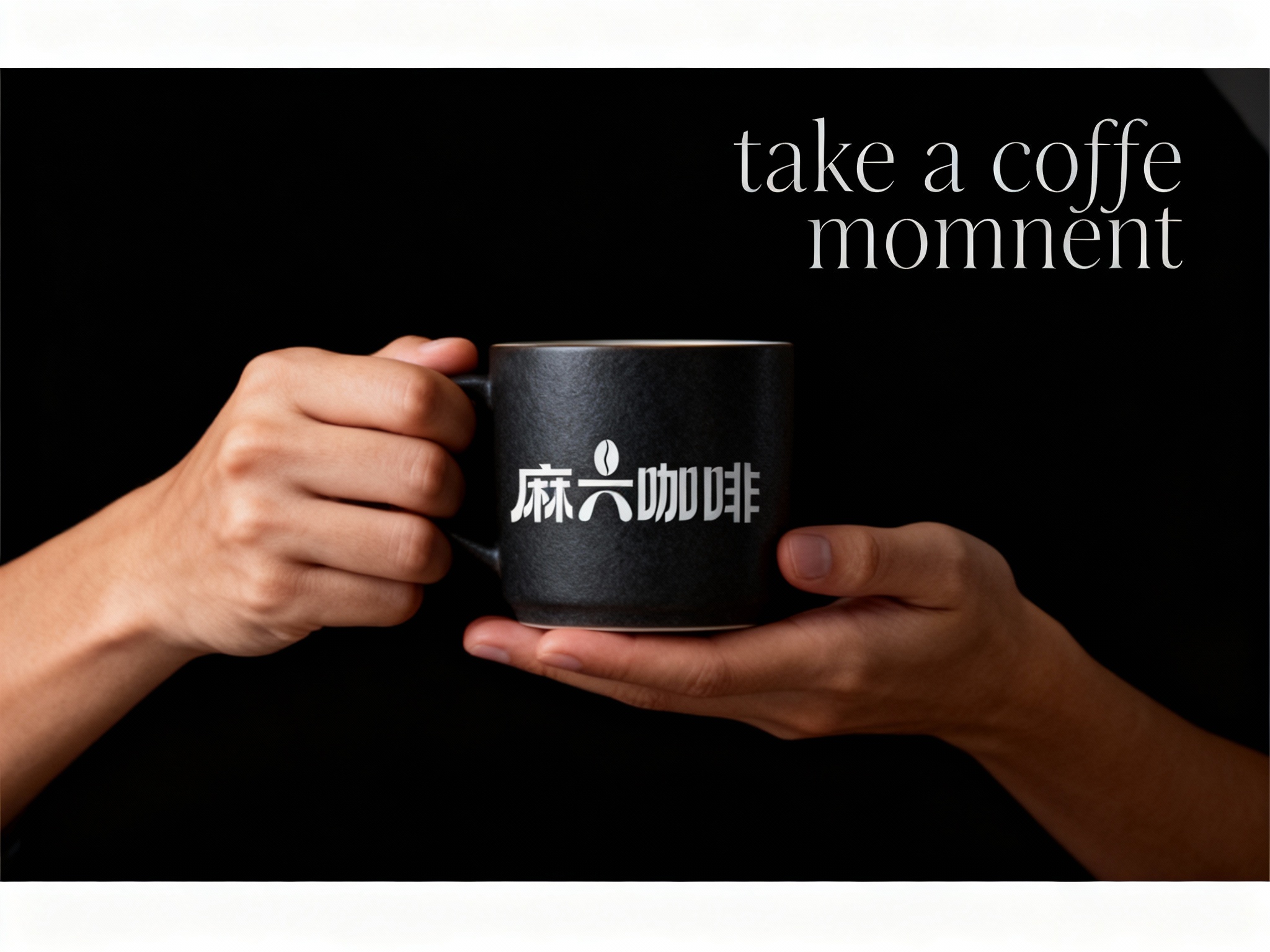 咖啡门店促销海报，以提供的主色调为背景底色，奠定温暖且具质感的视觉基调。画面核心视觉为一只肤色自然的手，端着一只哑光质感的品牌色（将参考图中的LOGO）在咖啡杯上清晰可见，手和咖啡杯比例协调，杯体简约无装饰，与背景形成鲜明色彩呼应，成为视觉焦点。海报上方，右侧用轻盈的英文书写 “take a coffe momnent” ，营造轻松邀请氛围 。文字排版规整，信息清晰易读，整体风格简约直接，精准传递咖啡门店温馨、美味且注重品质的品牌形象 。