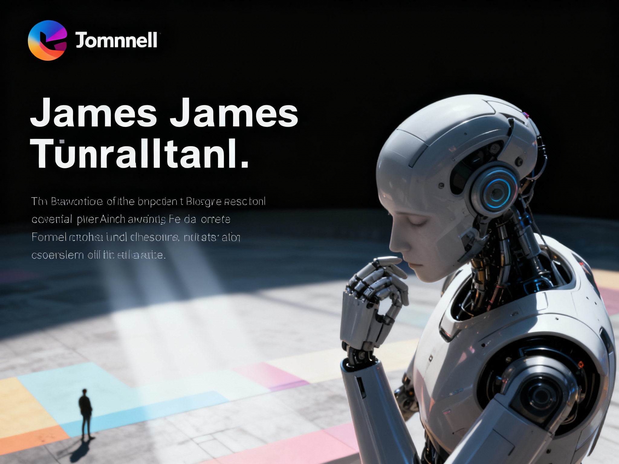 设计品牌宣传海报，画面干净，（将参考图中的LOGO ）位于左上角，大师作品，电影海报，超高质量，超精细，高级英文排版，摄影，丁达尔光效，朦胧，俯视，远景，极简，简单，极简风格，大面积留白，James Turrell，背景是Ai机器人正在思考的景象，压迫感，超现实主义+极简主义 + 简单色块+ 马卡龙配色+ 摄影艺术 + 细节丰富+ 封面美学 +黑色背景+电影级照明，4k高清，排版简洁有视觉冲击力，符合社交平台分享特性。