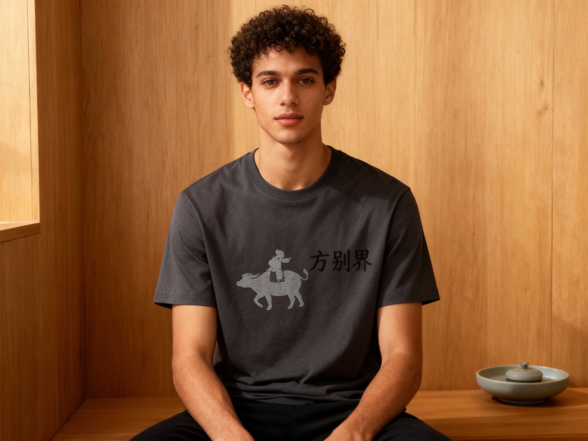 提取参考图的LOGO单独呈现，改为浅灰色，25岁混血男性模特，身着深灰重磅T恤，浅灰色LOGO采用烫黑工艺（与T恤色调呼应却有质感差异），室内暖光拍摄，光线柔和温暖，T恤版型挺括，LOGO平整无褶皱，模特坐姿端正，背景为木质极简墙面，画面右侧放置一个浅灰色陶瓷茶盘，与LOGO色调统一，营造沉稳高级氛围