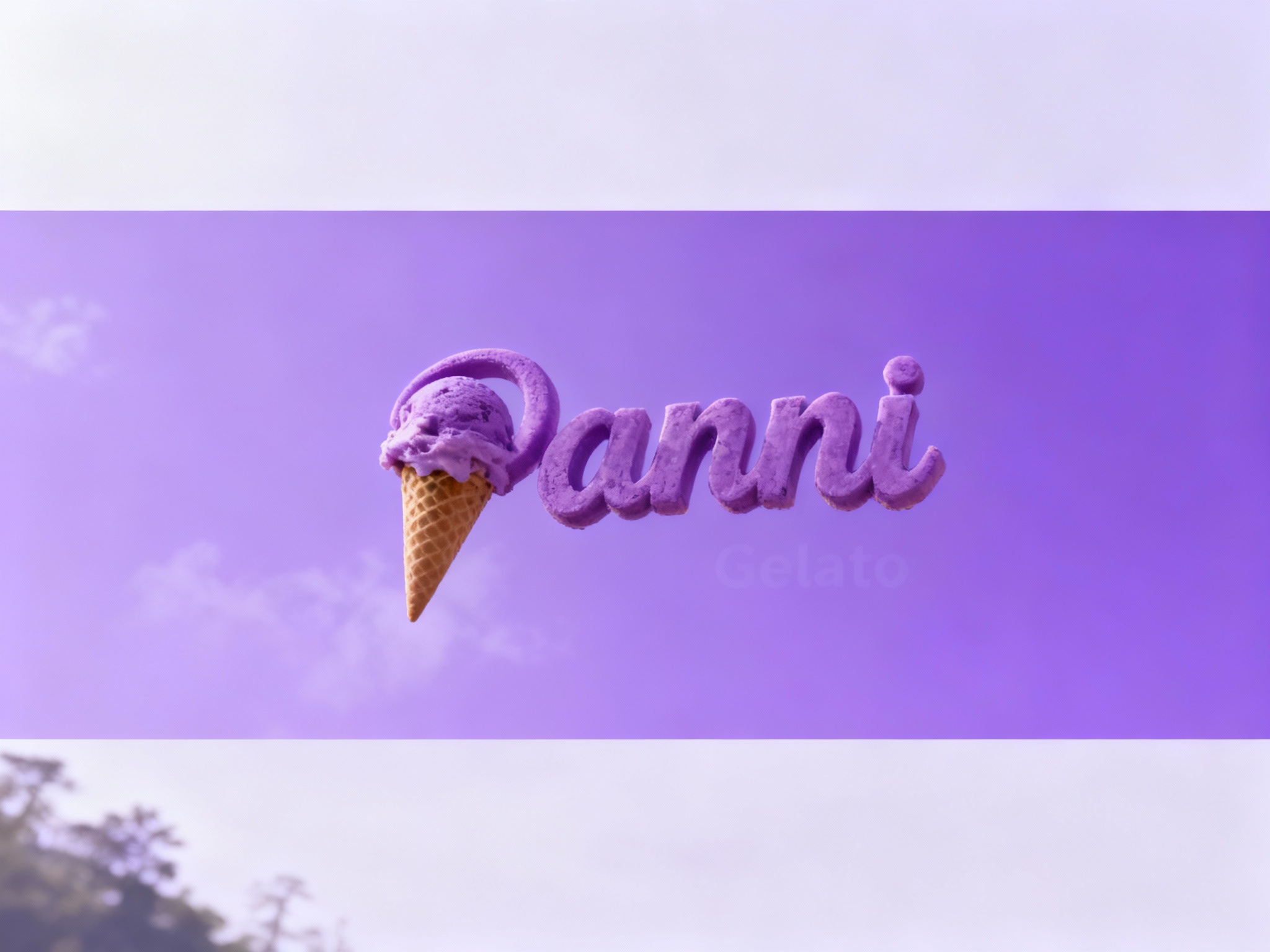 东方美学写实封面大片，非常精致的冰淇淋漂在空中用主色 #紫色 背景。整个画面呈现仰拍的摄影视角，将冰淇淋（将参考图中的LOGO）形状完美呈现，仿佛在讲述一个关于时尚与独立的故事。