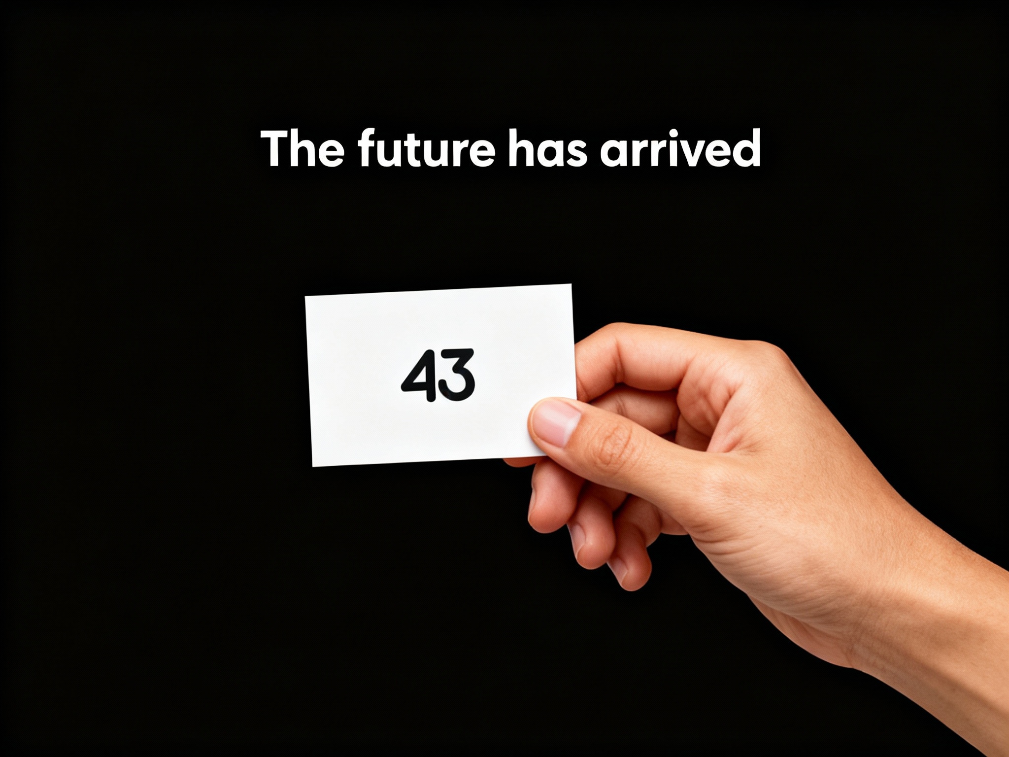 公司促销海报，以#黑色为背景底色，奠定极简且具质感的视觉基调。画面核心为一只肤色自然的手，拿着一张#白色名片，名片上（将参考图中的LOGO）清晰可见，手和名片比例协调，名片简约无装饰，与背景形成鲜明对比。海报上方用轻盈的英文书写“The future has arrived”，营造轻松邀请氛围，文字排版规整，信息清晰易读。