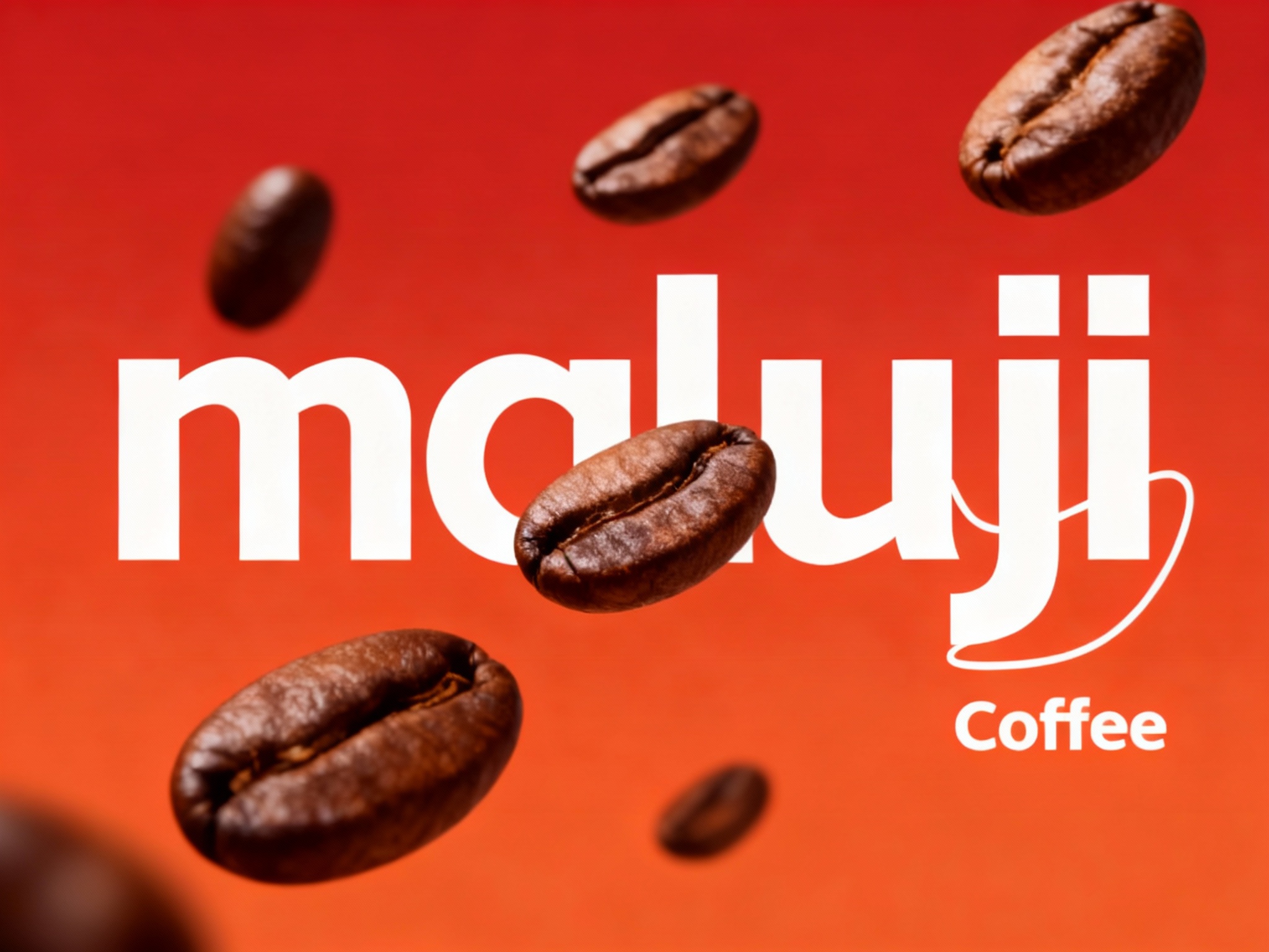 东方美学写实封面大片，几粒非常精致的咖啡豆漂在空中品牌色背景。整个画面呈现仰拍的摄影视角，将咖啡豆线（将参考图中的LOGO）形状完美呈现，仿佛在讲述一个关于时尚与独立的故事，背景为红色或橙色渐变。