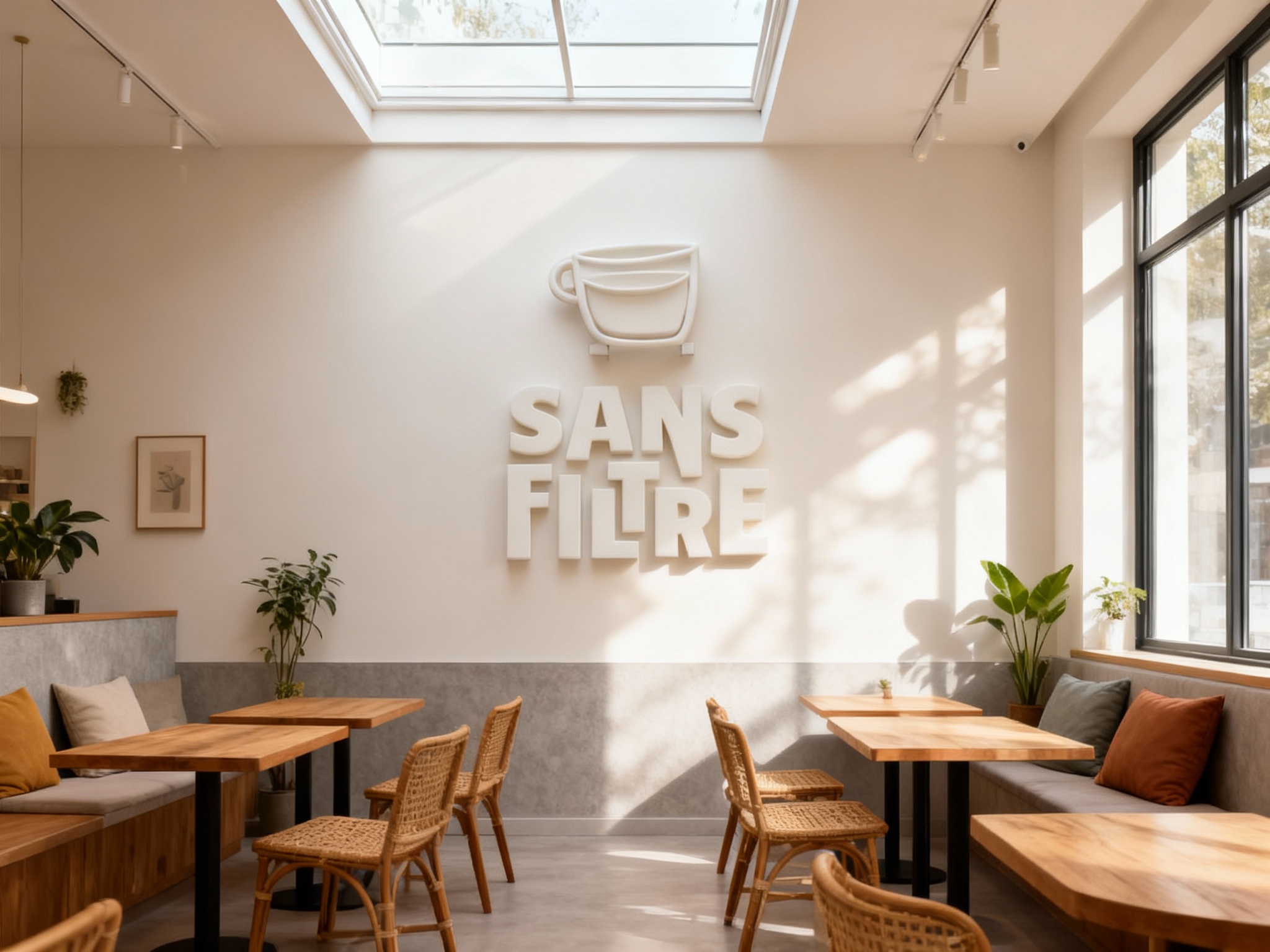 生成精致INS风格咖啡店内部空间渲染图。 原木桌椅搭配藤编元素，墙面装饰少量绿植和简约挂画。将图1的LOGO元素巧妙融入主墙面设计中，采用白色工艺，通过隐形支架安装，呈现悬浮感，与墙面形成微妙的层次感。光线从顶部天窗和侧面大窗自然洒入，形成柔和的光斑效果。整体色调保持米白、浅灰、原木色的统一，局部点缀莫兰迪色系靠垫。 景深效果自然，突出空间层次感。