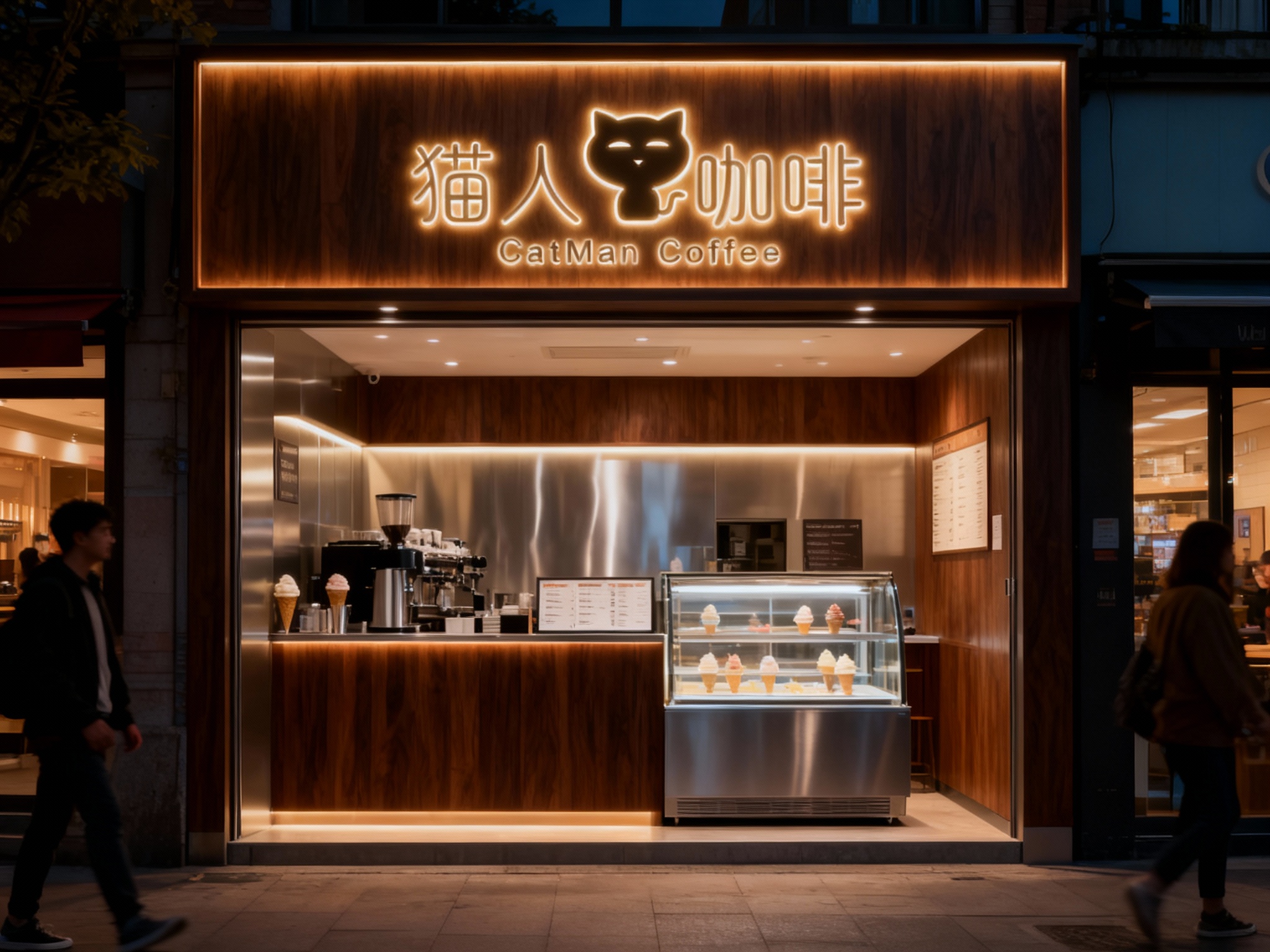 设计夜景门头及灯箱效果图，（将参考图中的LOGO）光亮温暖，冰淇淋店的内部场景用品牌主色 {主主色} ，上方有发光的（将参考图中的LOGO）标识，下方是意式冰淇淋制作区域和展示柜，柜台上有菜单，整体装修风格运用用品牌主色，黑胡桃木搭配银色不锈钢材质现代，灯光温暖 ，街区环境和路人自然呈现。
