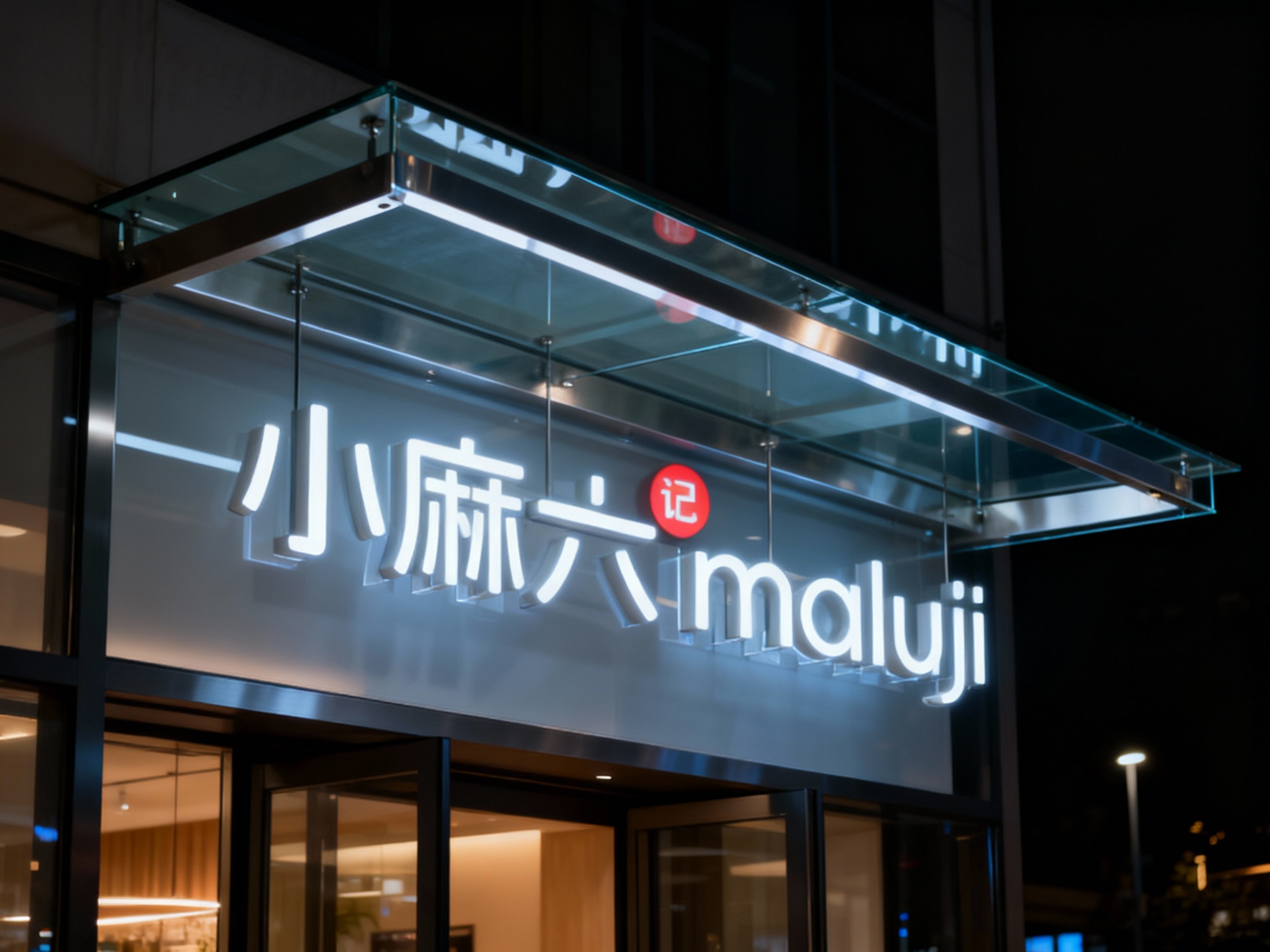 玻璃雨棚一体门头特写，超白玻璃雨棚采用无影胶无缝拼接，搭配哑光不锈钢隐藏式支架，底板通透无支架外露，LOGO以悬浮式发光字安装于雨棚下方，无悬挂连接件，黑夜场景，灯光照亮LOGO与雨棚边缘，整体通透大气