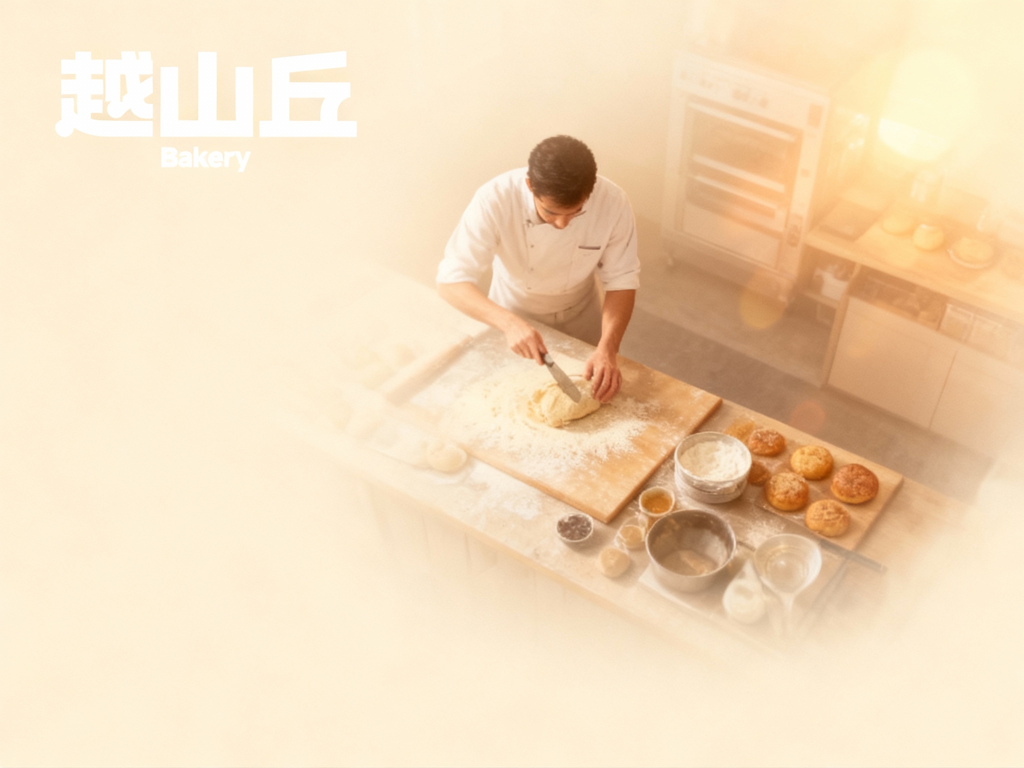 设计品牌宣传海报，画面干净，（将参考图中的LOGO ）位于左上角或右上角（根据实际情况设置），大师作品，电影海报，超高质量，超精细，高级英文排版，摄影，暖光光效，朦胧，俯视，远景，精致，简单，大面积留白，背景是烘焙师制作烘焙食品的景象，温馨感，超现实主义+精致主义 + 简单色块+柔和配色+ 摄影艺术 + 细节丰富+ 封面美学 +米色背景+电影级照明，4k高清，排版简洁有视觉冲击力，符合社交平台分享特性。