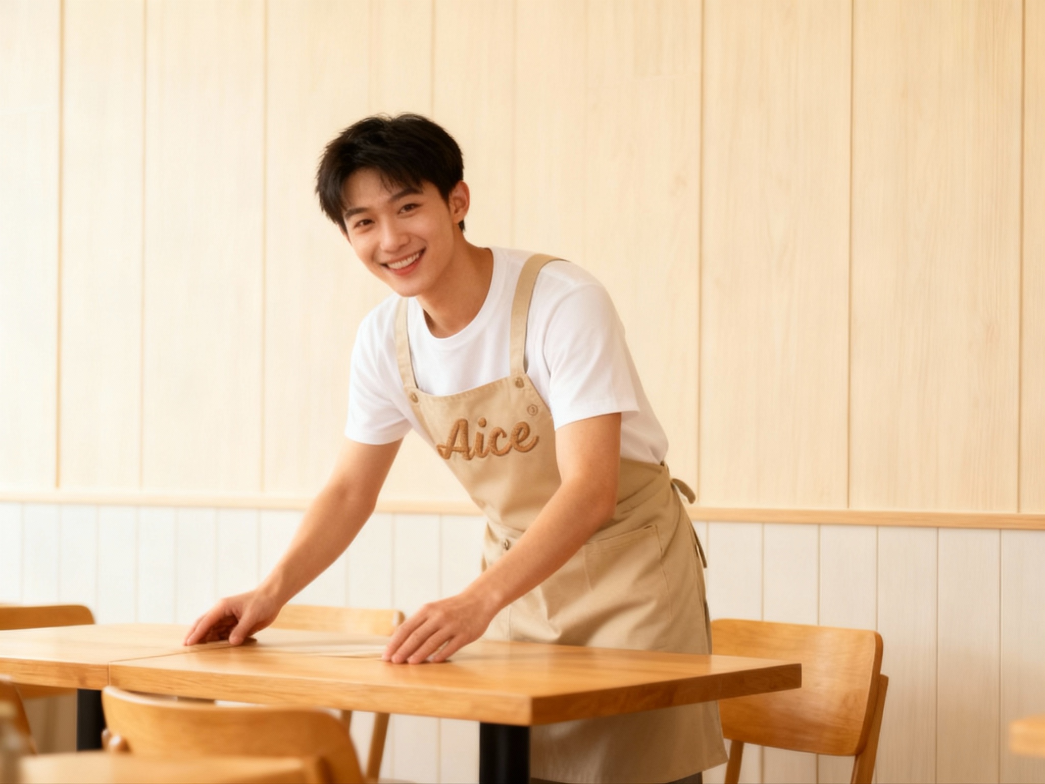 生成员工形象展示图。员工身穿米杏色或浅卡其色的工装围裙，内搭白色T恤，围裙胸口处（智能提取参考图中的LOGO主体并去除原背景）采用同色系的立体刺绣工艺，低调高级。员工正在整理木质餐桌，面带亲切微笑，背景是明亮整洁的米色木饰面墙，展现年轻活力的服务形象.