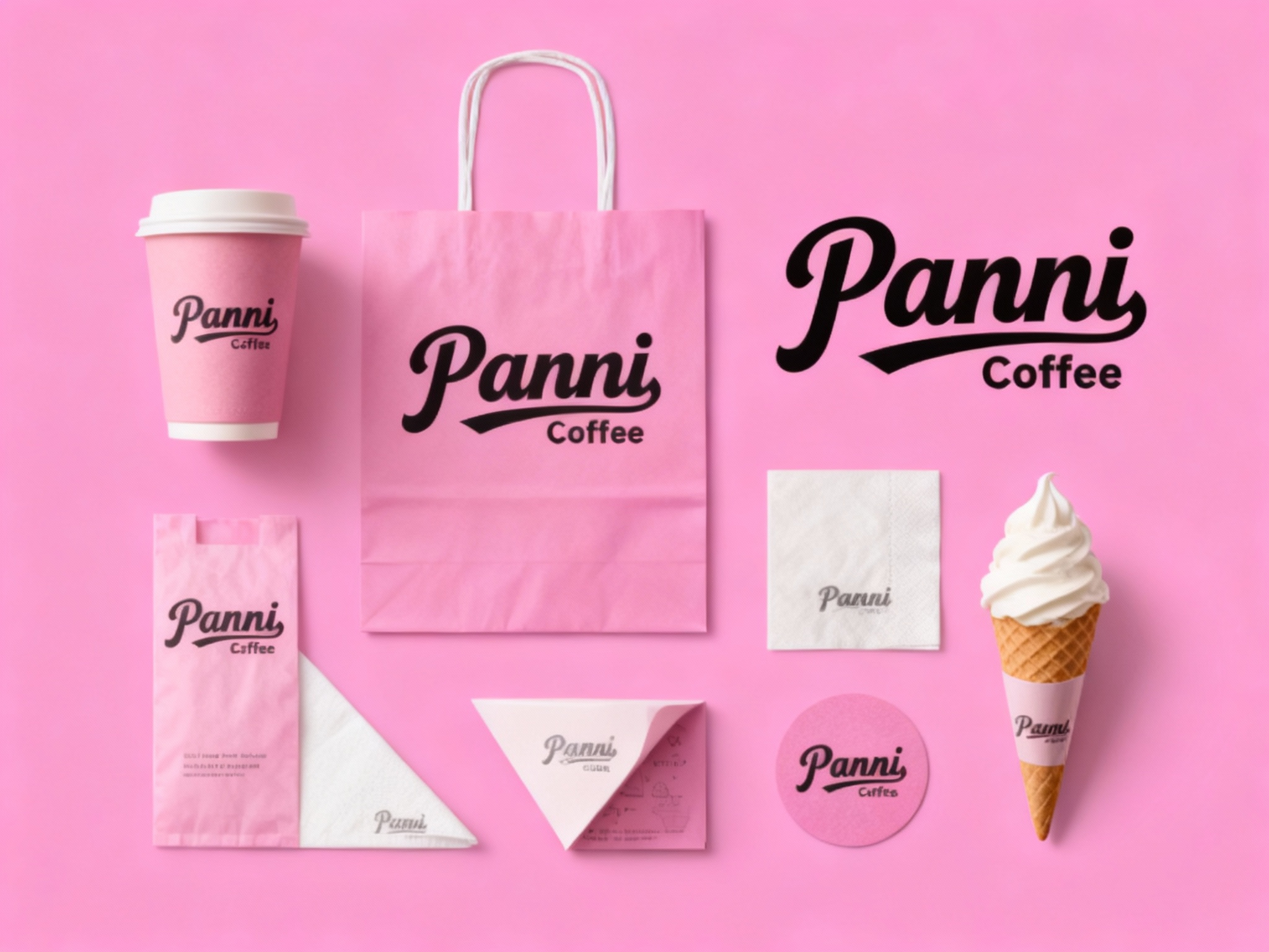设计冰淇淋产品平铺拍摄图用主色 {主色} ，包含纸杯、手提袋、打包袋、冰淇淋纸筒、餐巾纸、杯垫等，（将参考图中的LOGO）在各产品上清晰展示，色彩统一，光影柔和，呈现高级整洁感。