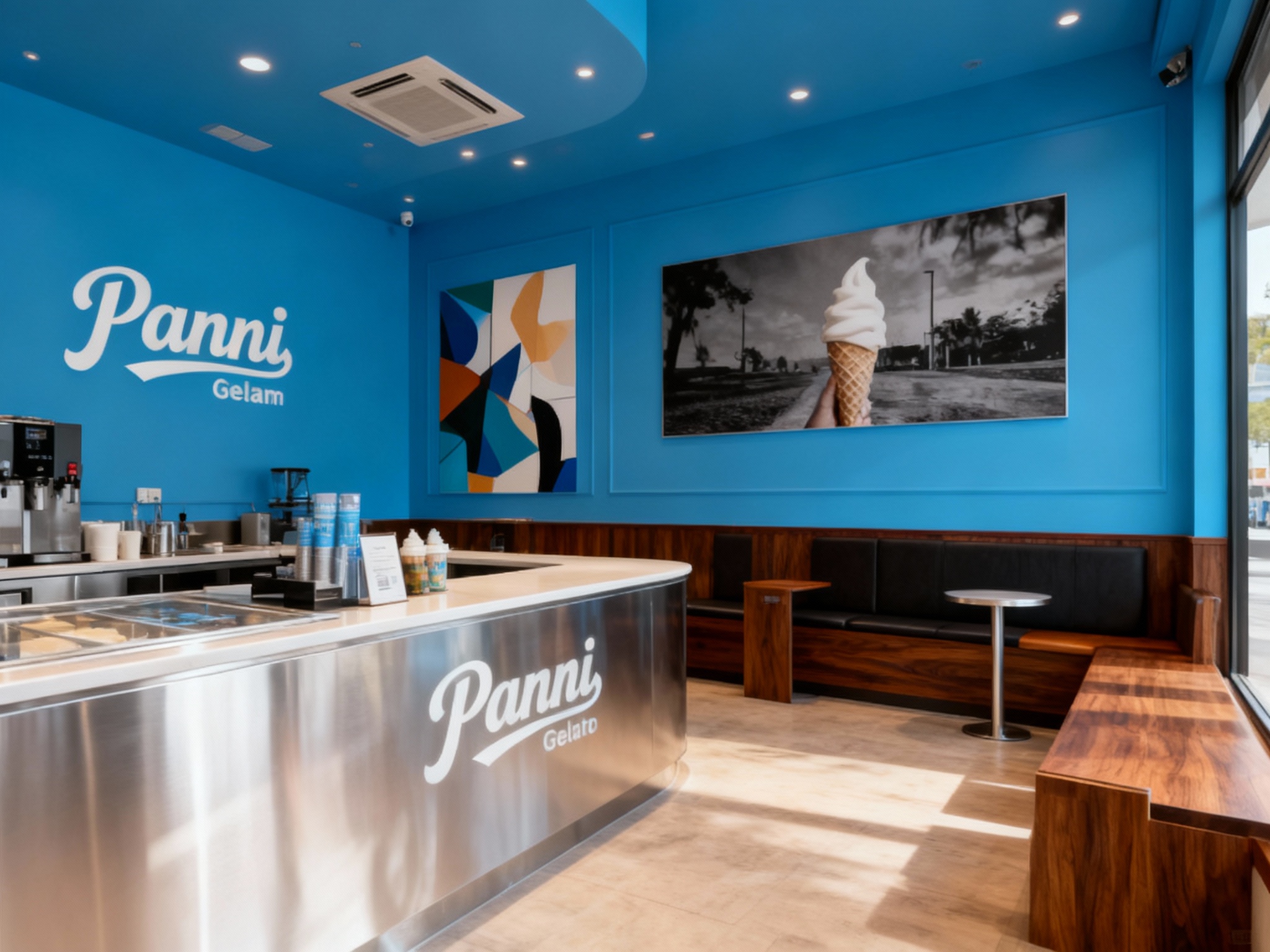 设计冰淇淋店内空间效果图统一用主色 {主色} ，展示吧台、座位区、墙面装饰高级抽象插画或黑白摄影，运用黑胡桃木搭配银色不锈钢材质（将参考图中的LOGO）融入场景装修或物件中，光线温暖自然，突出空间舒适感与现代质感。