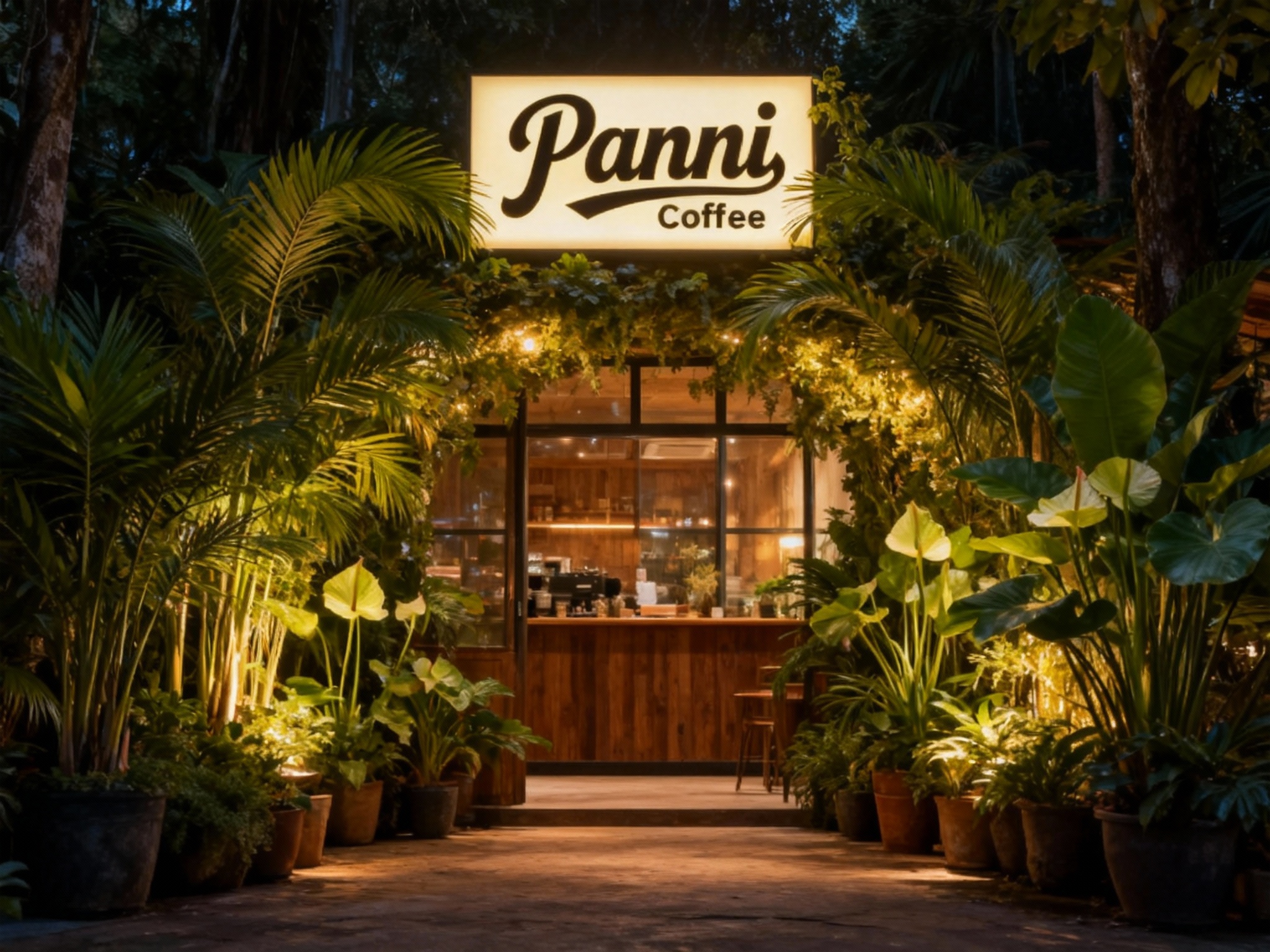 夜景门头及灯箱效果图。重点展示门口区域，两侧摆放了大量高低错落的热带盆栽（如散尾葵、海芋），形成一个绿植拱门或花园入口。暖黄色的灯光从植物叶片间透出，上方是发光的Panni Coffee LOGO灯箱。透过玻璃窗可以看到内部温馨的木质装修。整体氛围像是一个发光的森林小屋，温暖、神秘且高级。