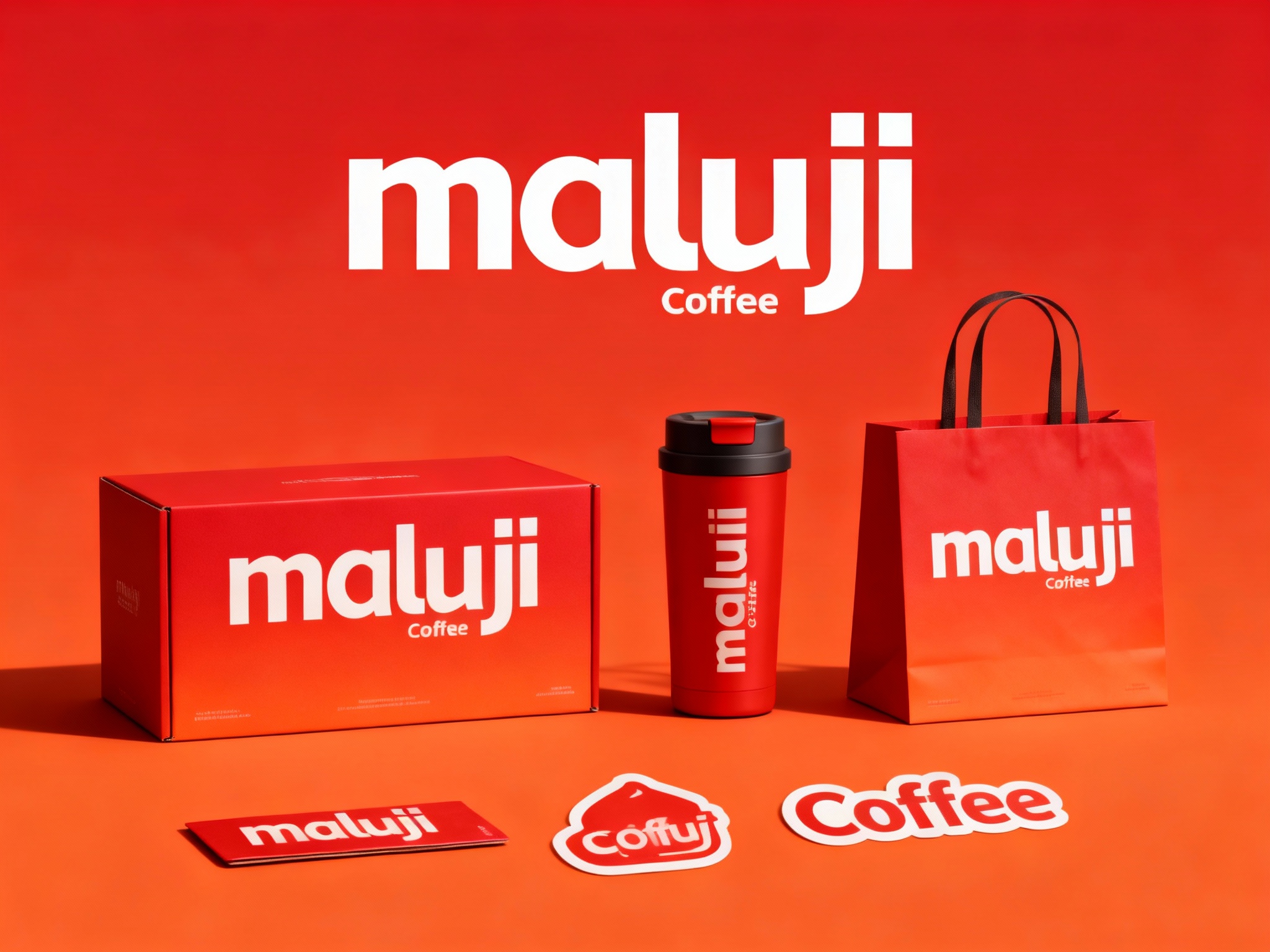 生成品牌周边展示图，如礼盒、保温杯、手提袋、贴纸等，（将参考图中的LOGO）在各周边产品上合理呈现，延续品牌配色，造型简约高级，适合礼赠与品牌延展，背景为红色或橙色渐变。