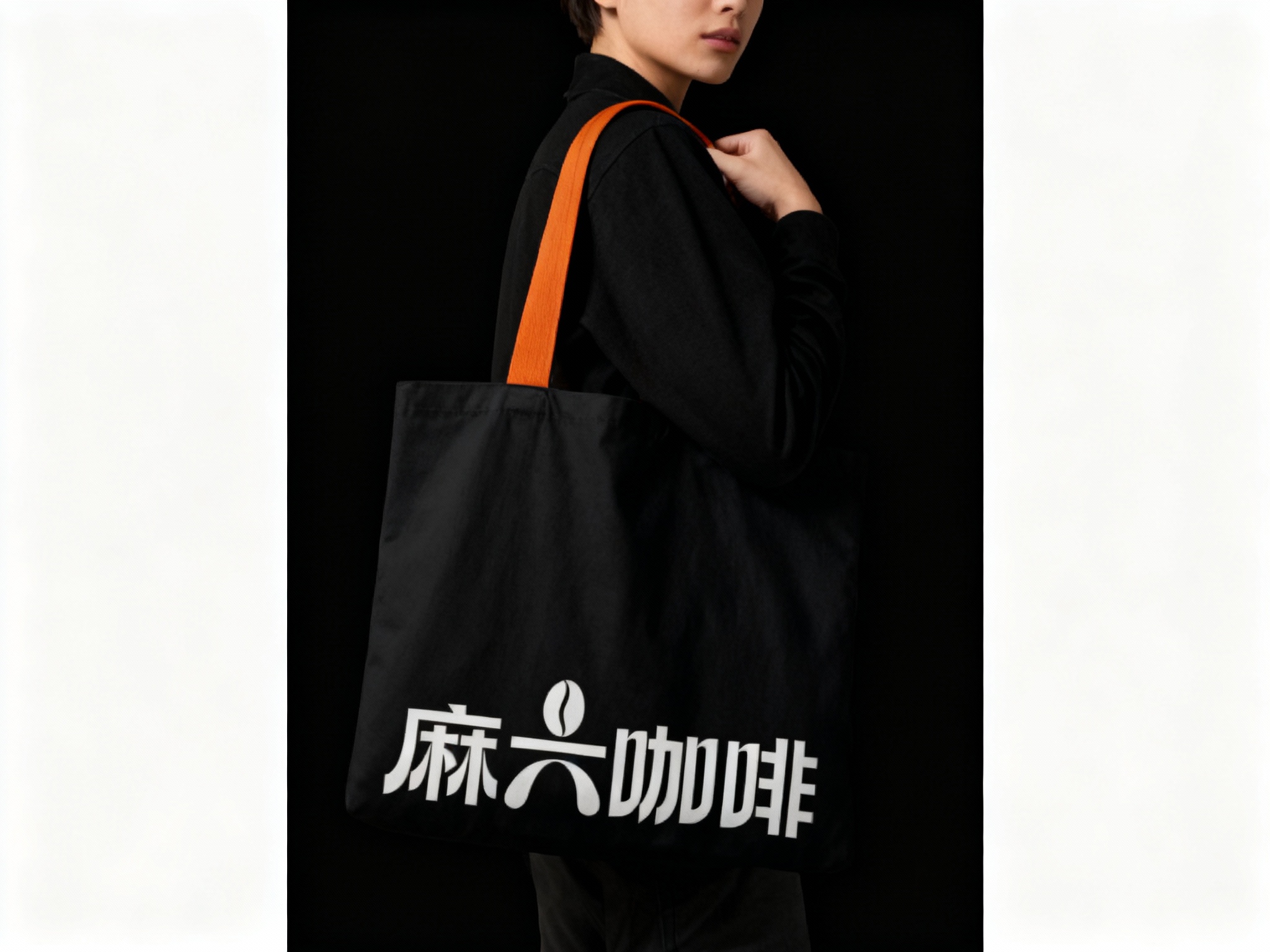  一个人背着黑色手提袋，品牌色肩带点缀（将参考图中的LOGO保持一致性不要变形）在手提袋上清晰可见，营造时尚、有品牌标识性的氛围，可展示潮流品牌的手提袋设计及实际使用效果 。