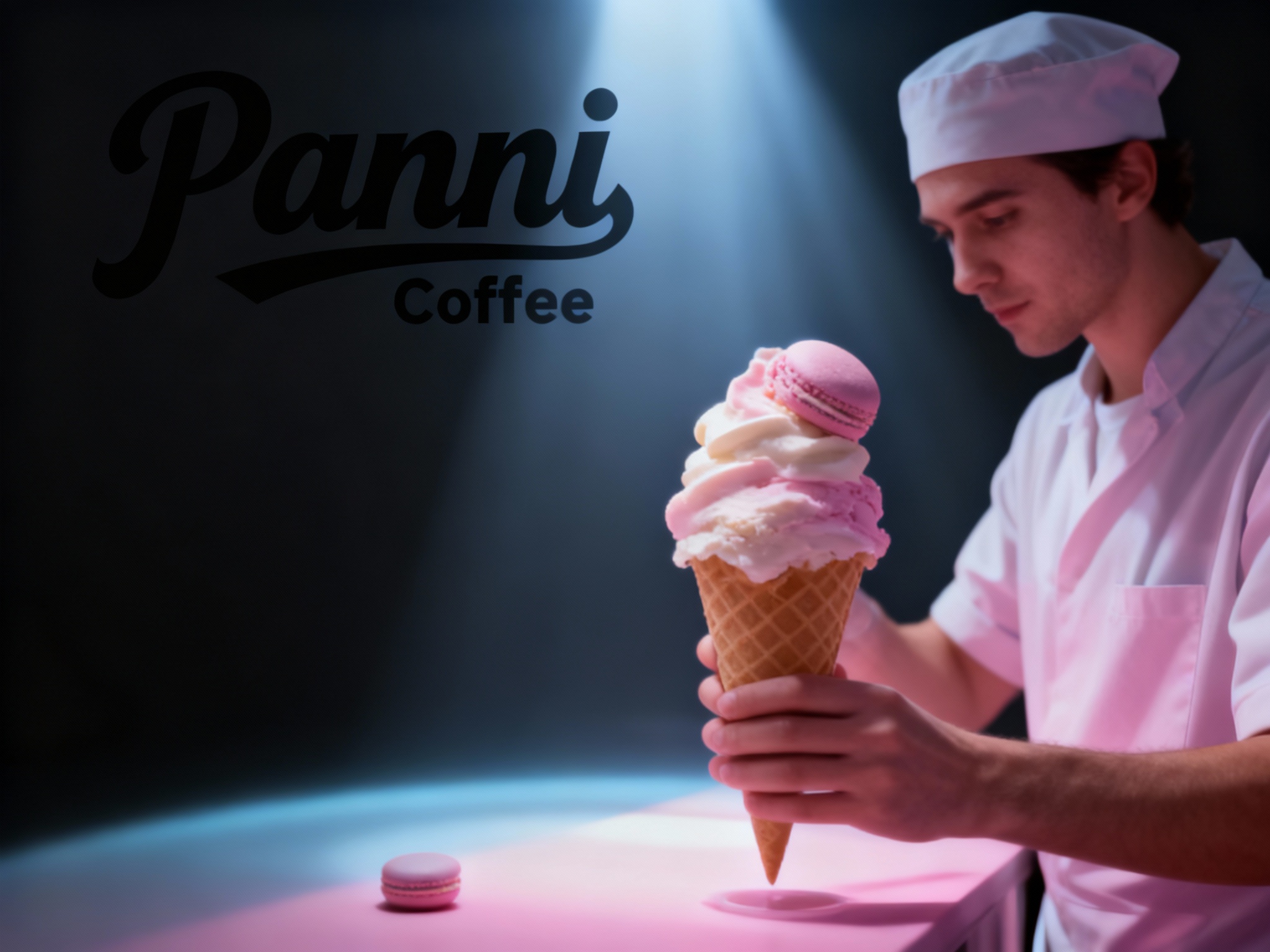 设计品牌宣传海报用主色 {主色} ，画面干净，（将参考图中的LOGO ）位于左上角或右上角（根据实际情况设置），大师作品，电影海报，超高质量，超精细，高级英文排版，摄影，丁达尔光效，朦胧，俯视，远景，极简，简单，极简风格，大面积留白，James Turrell，背景是冰淇淋师制作冰淇淋的景象，压迫感，超现实主义+极简主义 + 简单色块+ 马卡龙配色+ 摄影艺术 + 细节丰富+ 封面美学 +黑色背景+电影级照明，4k高清，排版简洁有视觉冲击力，符合社交平台分享特性。