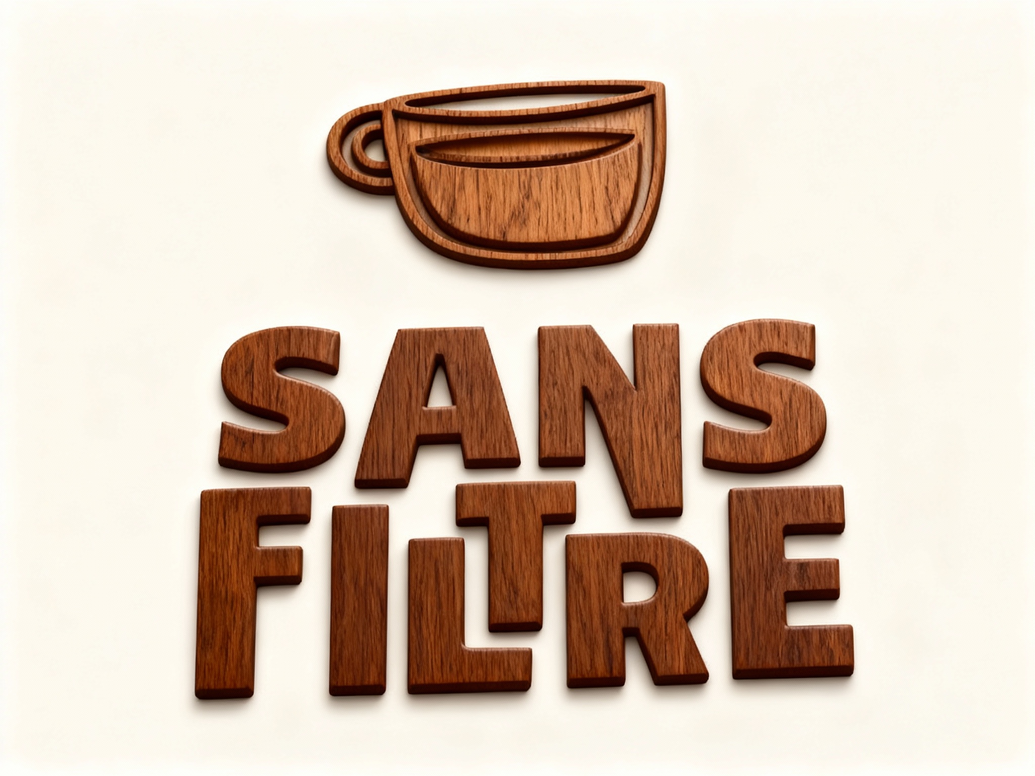 采用轻微倾斜设计，字母间距适中。将图1的LOGO元素巧妙融入招牌设计中，采用激光雕刻工艺，呈现精致的凹陷效果，与原木质感形成自然融合，作为视觉焦点。画面比例16:9，高清8K渲染，质感细腻，色彩饱和度低，对比度适中。