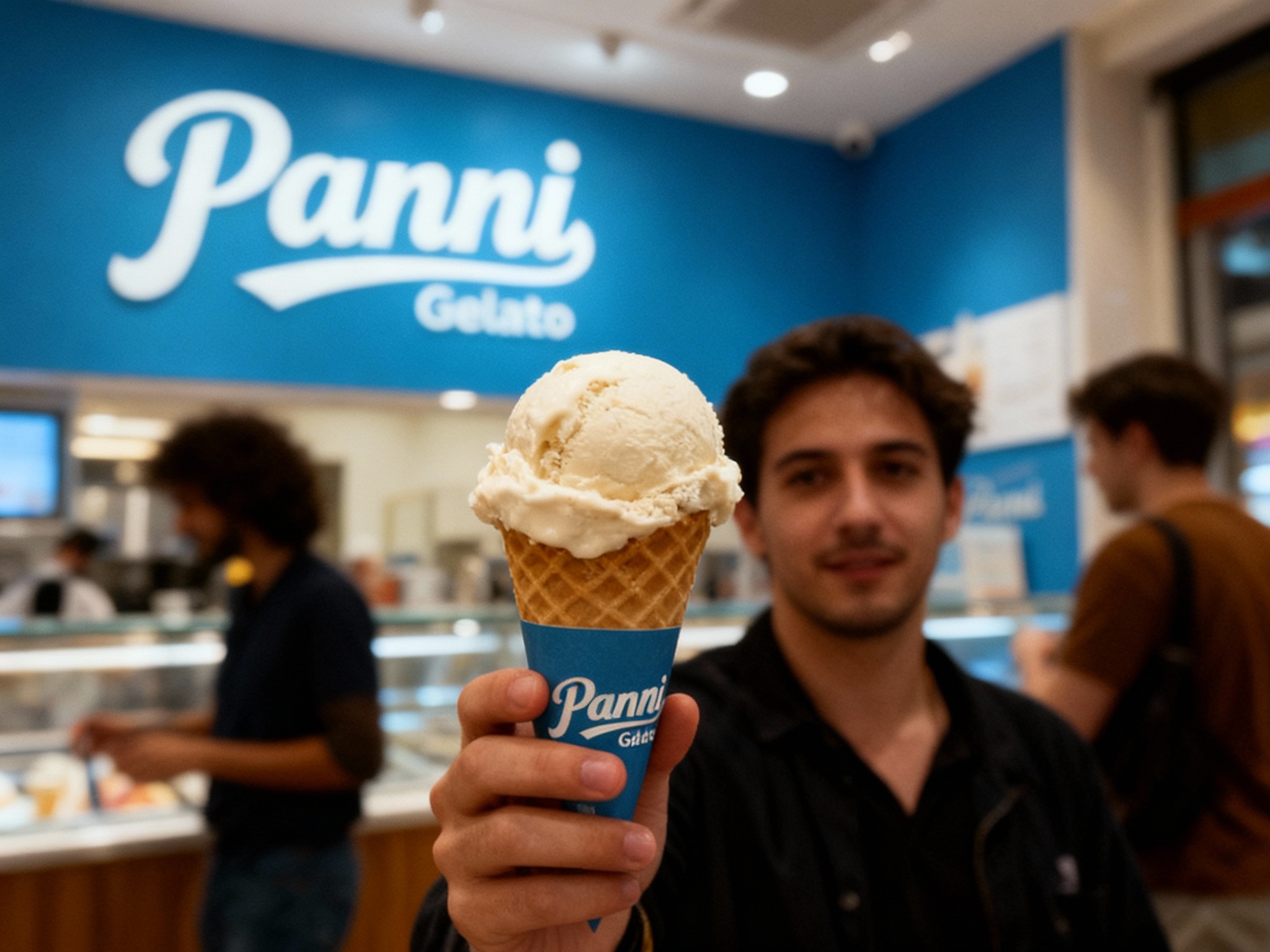 设计社交分享场景图，顾客手持带有（将参考图中的LOGO）的纯色冰淇淋纸筒拍照纸筒有好看的意式冰淇淋球，冰淇淋店场景中（将参考图中的LOGO）融入装修或物件，场景抓拍，独特的拍摄角度，非对称，动态模糊，低光环境，意境，自然色彩，丰富层次感，细腻画质，真实，光影变幻，虚化柔和过渡，胶片质感，电影质感，大师作品，光影自然，突出品牌时尚感和年轻气质。