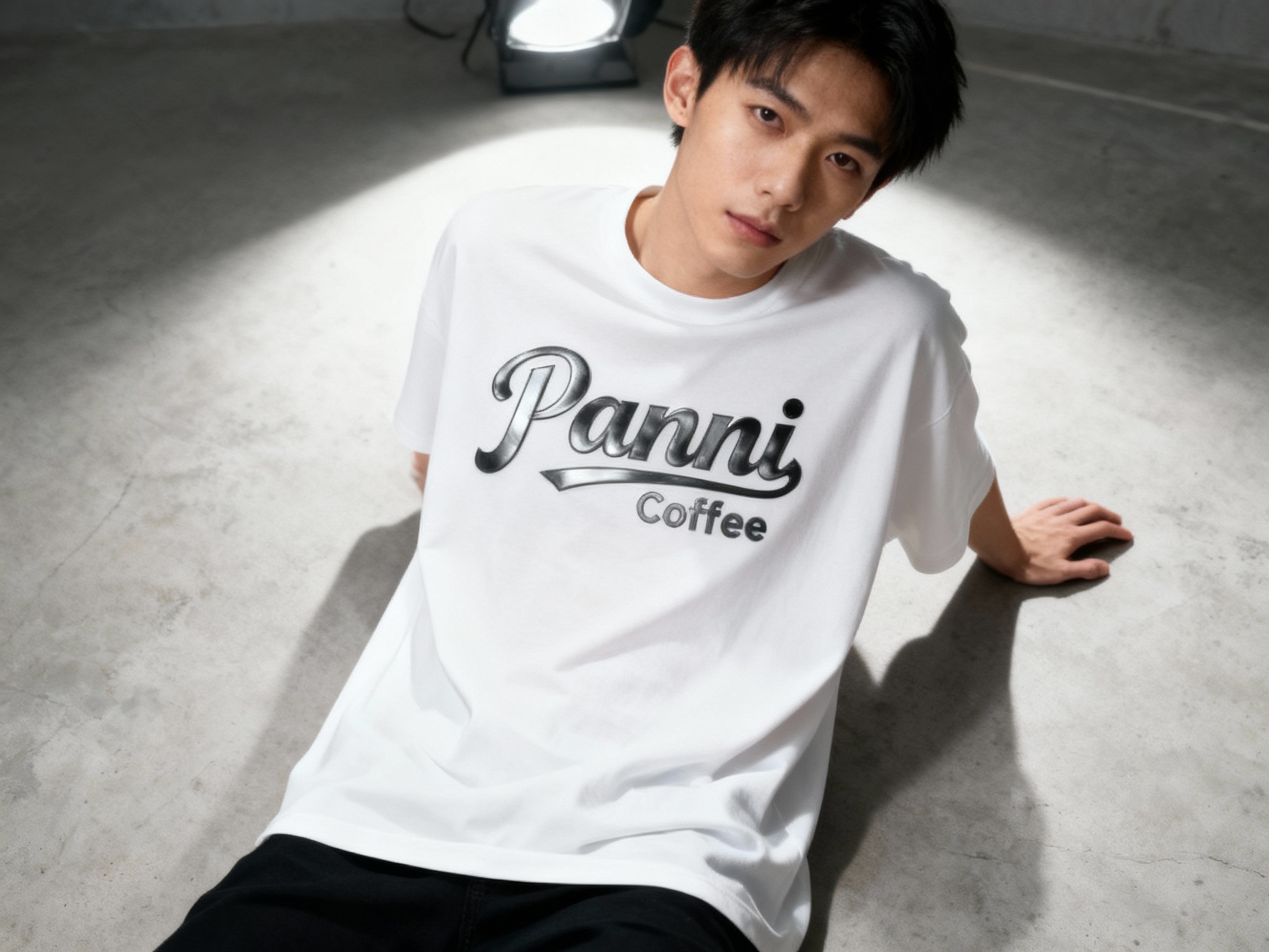 提取参考图的LOGO单独呈现，改为黑色，25岁亚洲男性模特，穿纯白oversizeT恤，黑色LOGO采用烫银工艺（呈现哑光金属质感），俯拍视角，模特单手撑地，T恤自然垂坠，LOGO位于画面中心位置，顶部柔光箱打光，消除多余阴影，背景为极简水泥灰，工业风与高级感融合