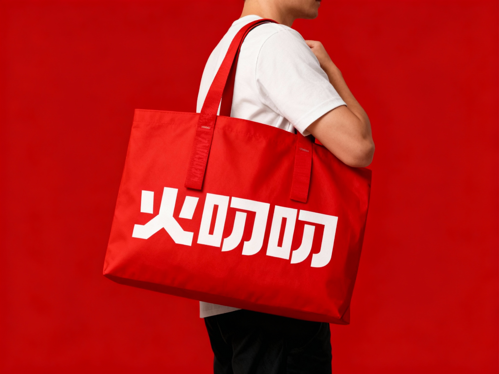 一个人背着#C10000手提袋，品牌色肩带点缀（将参考图中的LOGO保持一致性不要变形）在手提袋上清晰可见，营造时尚、有品牌标识性的氛围，可展示潮流品牌的手提袋设计及实际使用效果 。