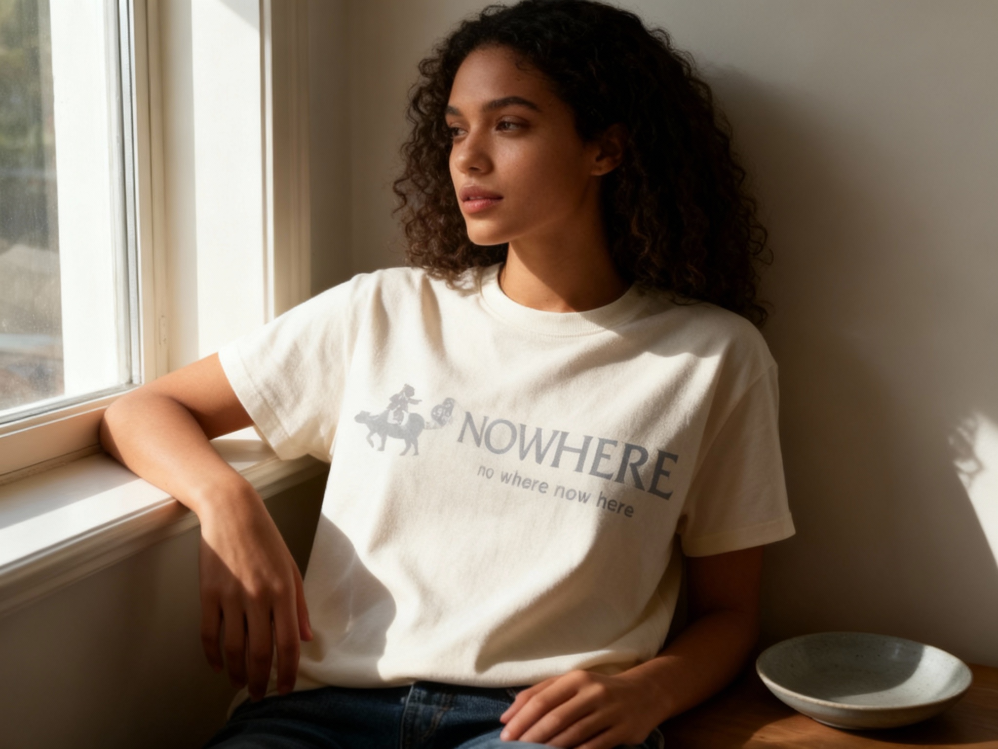 提取参考图的LOGO单独呈现，改为浅灰色，25岁混血女性模特，身着米白纯色T恤，浅灰色LOGO以丝网印刷工艺印制，色调柔和协调，窗边自然光拍摄，光线从左侧射入，在T恤表面形成明暗过渡，LOGO边缘清晰无晕染，模特靠坐窗边，姿态松弛自然，画面右侧放置一个浅灰色陶瓷碟子，与LOGO色调统一，清新又高级