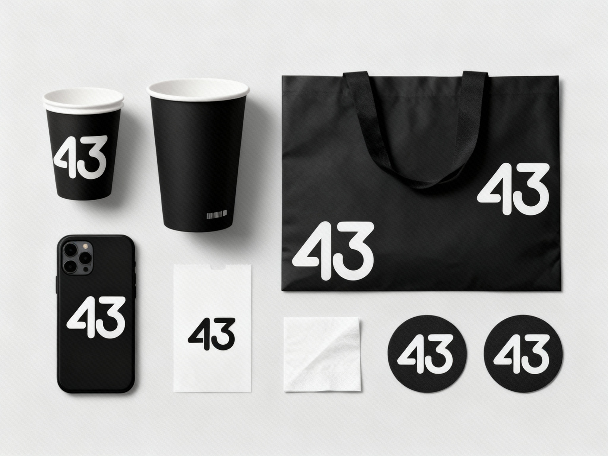 设计公司办公VI平铺拍摄图，包含纸杯、手提袋、手机壳、餐巾纸、杯垫等，（将参考图中的LOGO）在各产品上以#白色形式清晰展示，色彩统一，光影柔和，整体呈现高级整洁感。