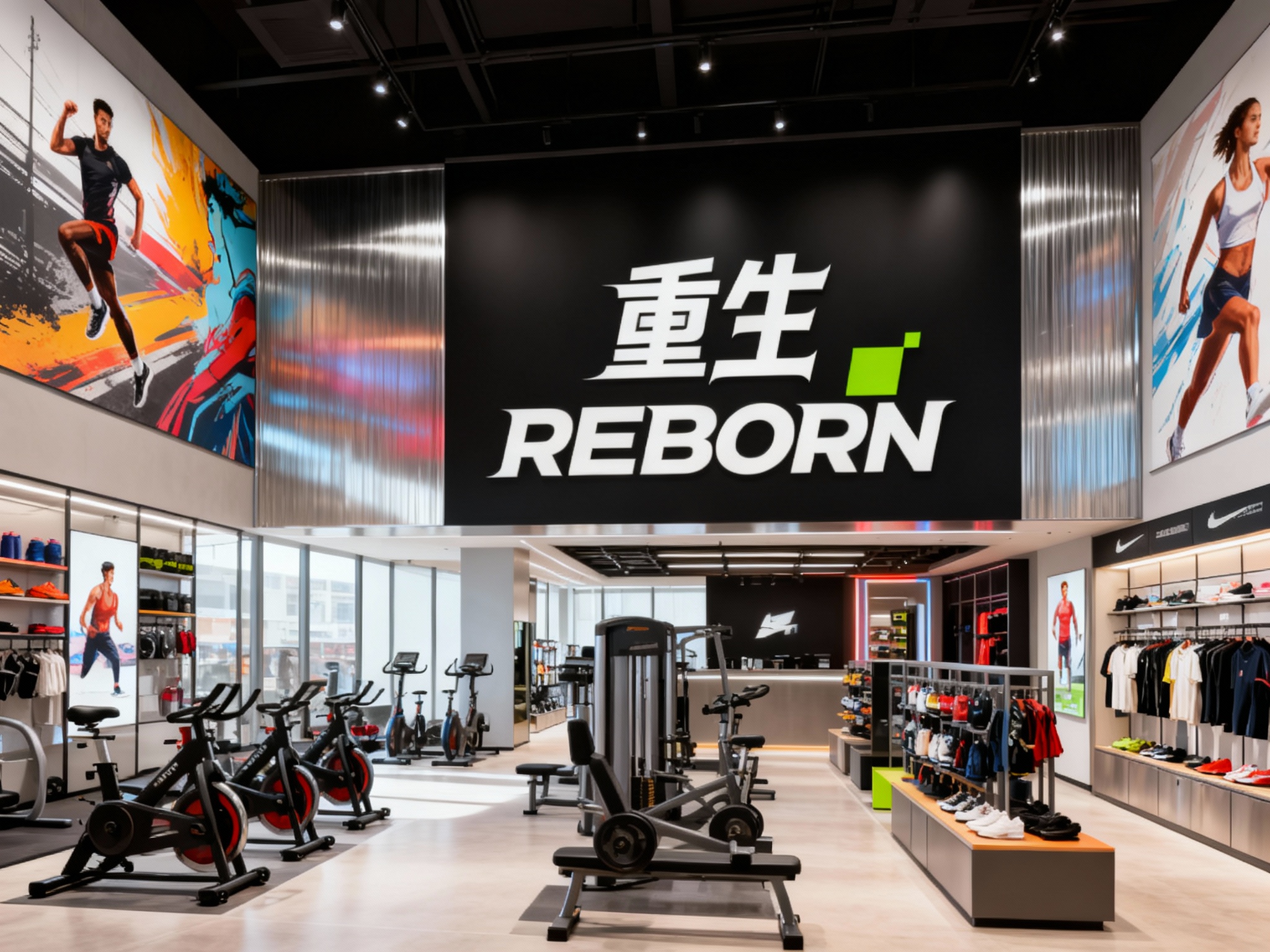 设计店内空间效果图，展示健身器材陈列区、运动装备售卖区、品牌展示区、墙面装饰艺术插画或动感色调摄影，运用金属材质搭配#品牌主色材质（将参考图中的LOGO保持一致）融入店铺背景墙，光线明亮且富有活力，突出空间极简时尚与动感质感。