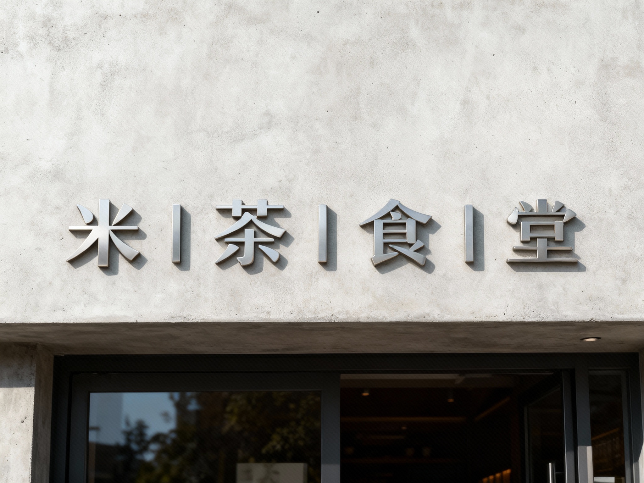 极简水泥漆门头特写，墙面采用艺术水泥漆平涂工艺，底板光滑无颗粒感，LOGO以哑光金属贴片嵌入式固定，无点焊痕迹，表面做防指纹处理，白天自然光下，水泥质感细腻与金属光泽形成对比，适配小众高端品牌门店